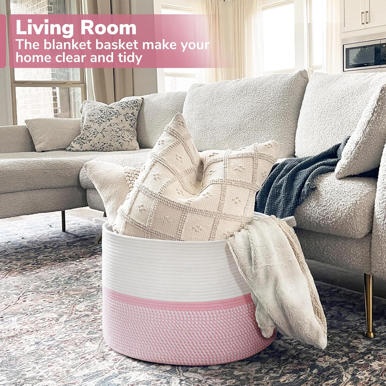 CHICVITA Extra Large Cotton Rope Woven Basket, XXL Throw Blanket Storage Basket with Handles, Pink Decorative Clothes Hamper - 22" x 22" x 14" - Image 2