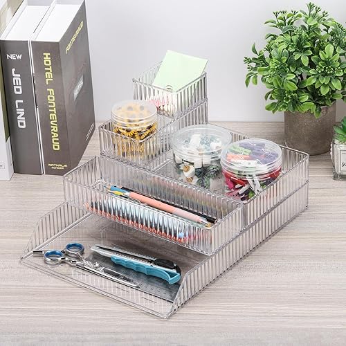 Miniatura 5 de acDesign Juego organizador de cajones transparentes apilables de 5 piezas, organizadores de cajones de tocador de 5 tamaños, bandejas de plástico