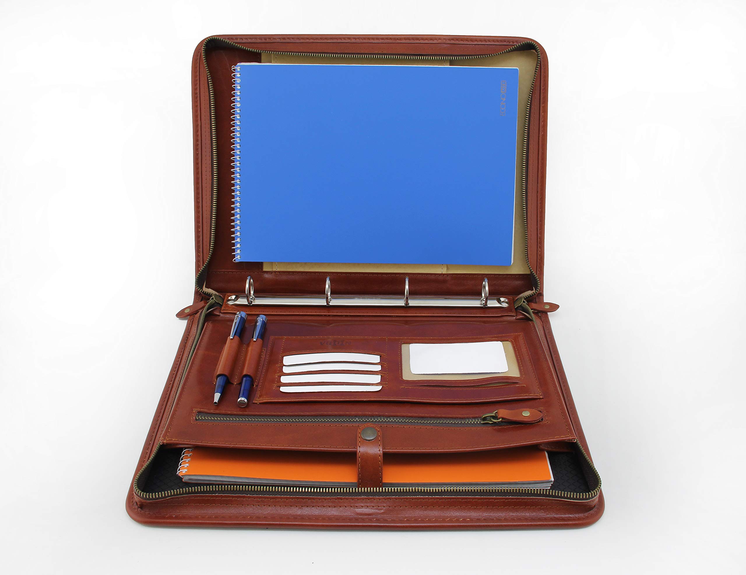 Leder Organizer, Leder Dokumentenmappe, Leder Portfolio, Dokumentenhalter, Tablet-Tasche, Ledermappe, Dokumententasche, 4 Ringbuch (Cognac)