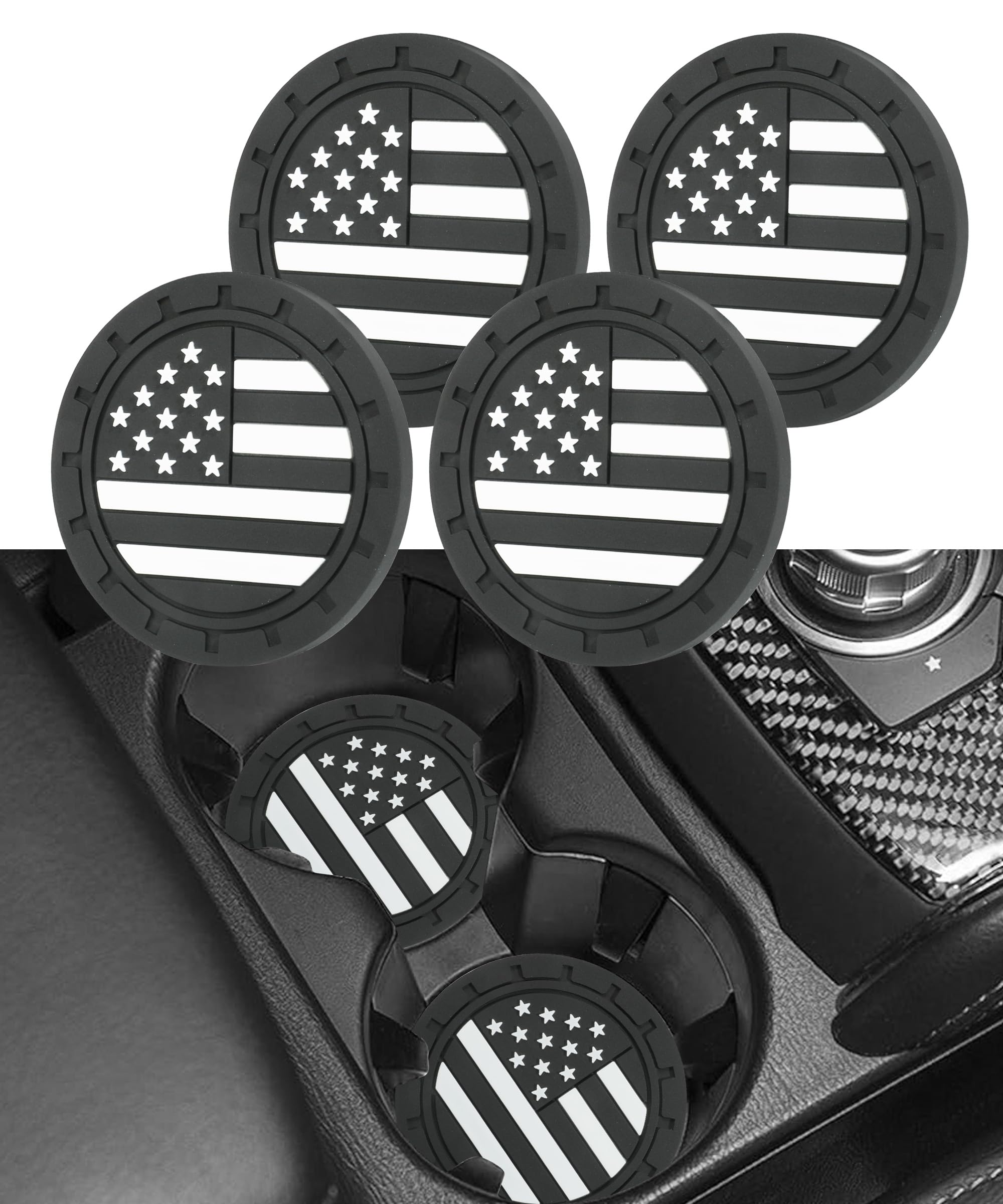 4PCS Cup Holder Coasters,Car Accessories American Flag Car Cup Holder Coaster,US Flag Insert Car Cup Coaster,2.75" Car Coasters for Cup Holders,Anti Slip Shockproof Drink Mat (Black)