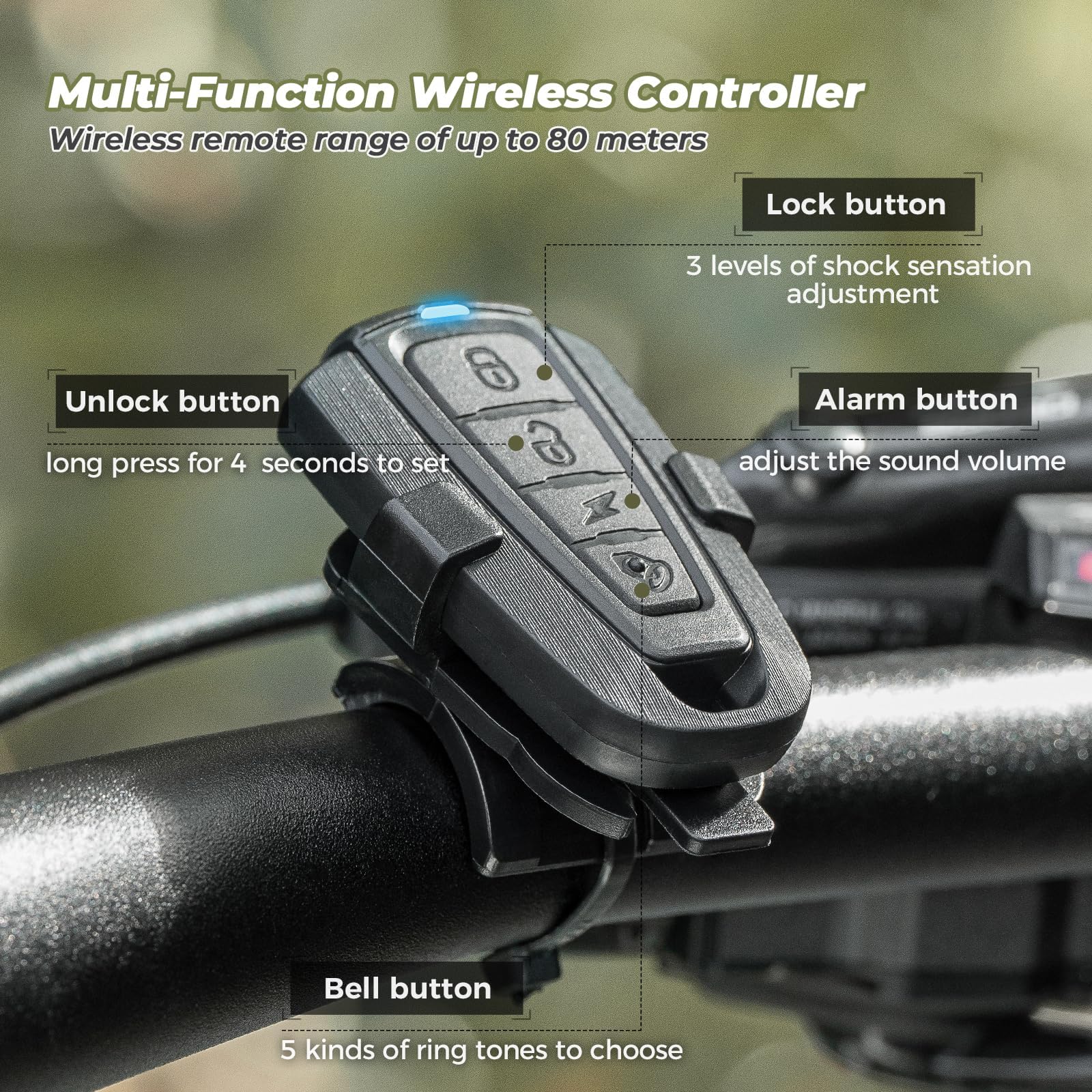 ROCKBROS Timbre Eléctronico Bicicleta, 115dB Volumen Regulable Bocina Bicicleta Eléctrica con Mando a Distancia, 4 Modos Sonido USB Recargable para MTB, BMX, Patinete Eléctrico