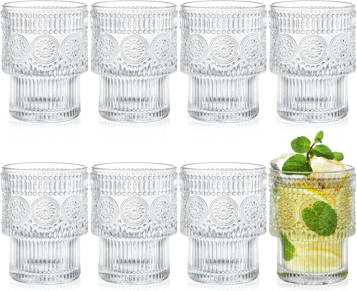 Kingrol Drinking Glasses Set of 8, 6.5 Ounces Stackbale Water Glasses, Vintage Glassware for