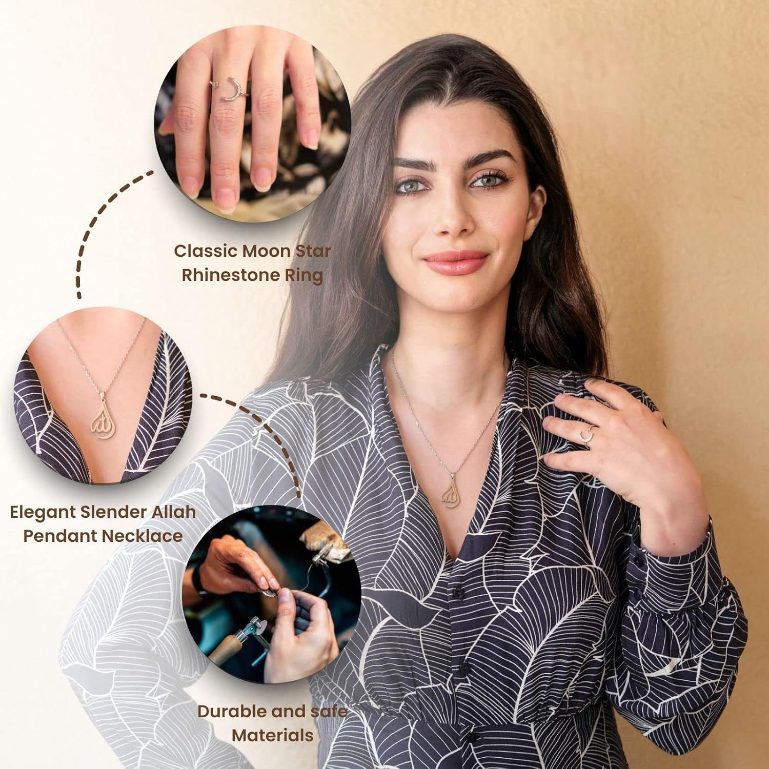 FABMODE Allah Pendant Necklace Arabic Islamic Jewelry for Women Abaya Accessories Eid Ramadan Islamic Gifts (1 Stellar Moon Adjustable Ring Included) - Image 3