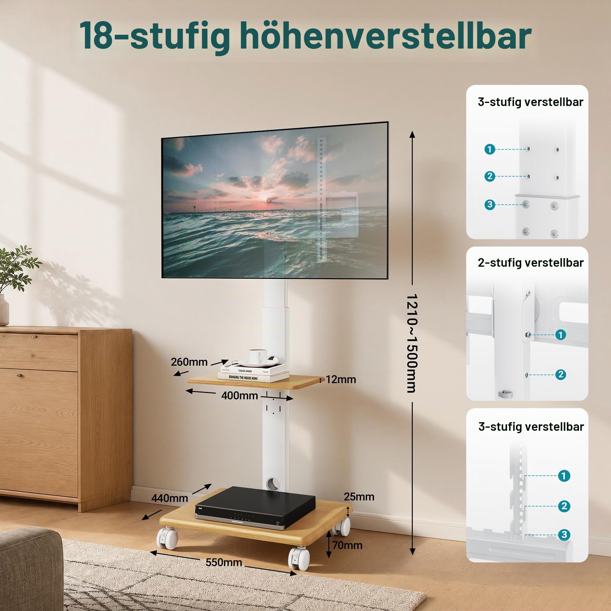 BONTEC TV Ständer Rollbar für 32-80 Zoll Fernseher, Holzsockel, 60 kg | Rollbarer TV Wagen mit fünf 6,3-cm-Rollen, höhenverstellbar, neigbar und schwenkbar, max. VESA 600x400 mm