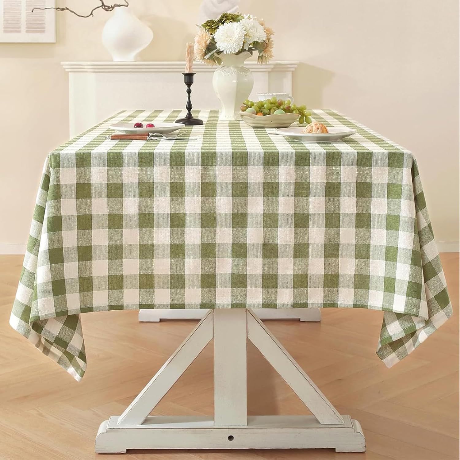 Laolitou Green Gingham Table Cloth Rectangular 140x180cm Washable Cotton Linen Fabric Tablecloth Buffalo Plaid Checkered Table Cover For Kitchen Dinning Tabletop Decoration, 4-6 Seats