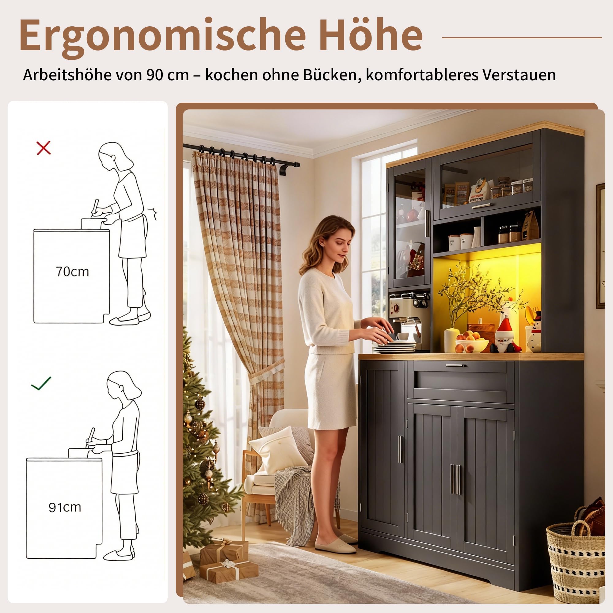 Kebnor Küchenschrank, Hochschrank/Vitrine mit LED-Beleuchtung, 104x40x180 cm, für Küche & Wohnzimmer (weiß)