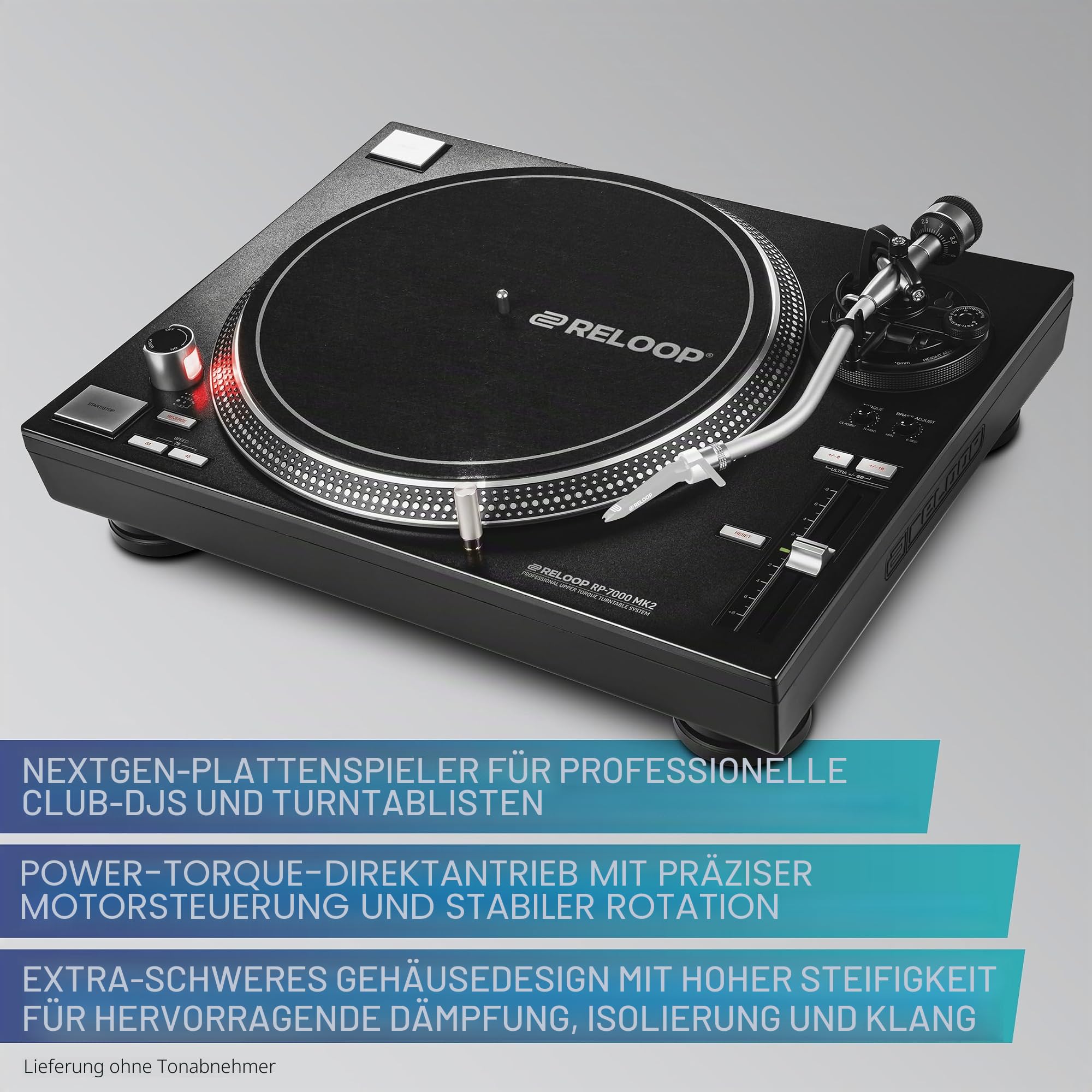 Reloop RP-7000 MK2 – Professioneller DJ Plattenspieler mit Upper Torque Quartz Direktantrieb, Neuer Tonarmbasis, S-Tonarm, hochauflösende Pitch Sektion mit digitalem Fader, schwarzmetallic