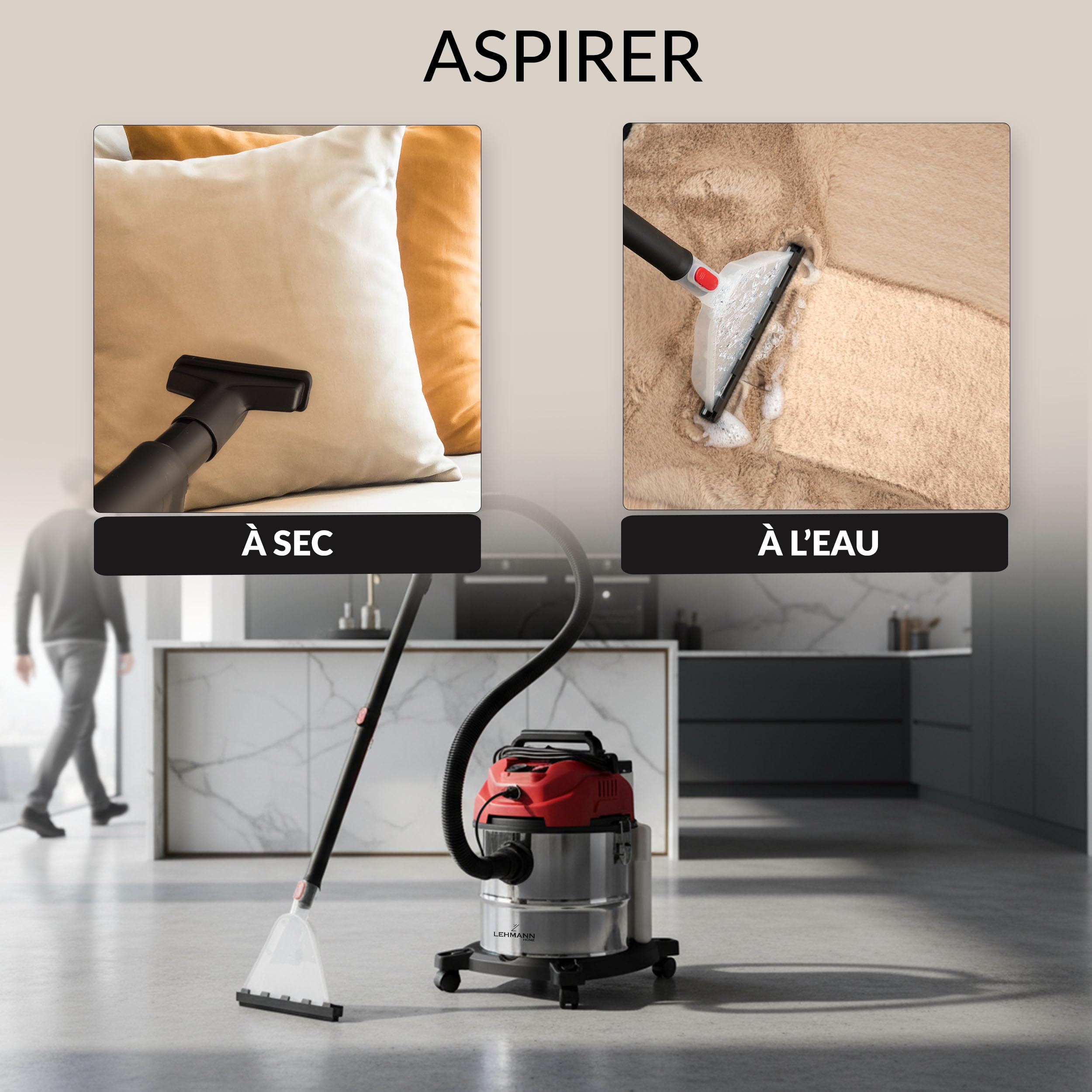 LEHMANN Shampouineuse avec Réservoir de 20L, 1600 W, Aspirateur Injecteur-extracteur avec filtre HEPA, Réservoir à détergent de 4,3L, Aspirateur nettoyeur pour Tapis, Canapé, Matelas et Voiture