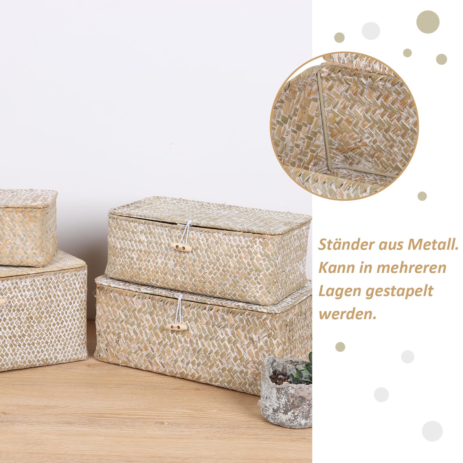 Cesto Portaoggetti in Rattan Intrecciato, Cestino Portaoggetti Rettangolare Intrecciato Fatto a Mano con Coperchio, Organizer per Trucchi Multifunzionale, per Cosmetici e Abbigliamento (M, Bianco)