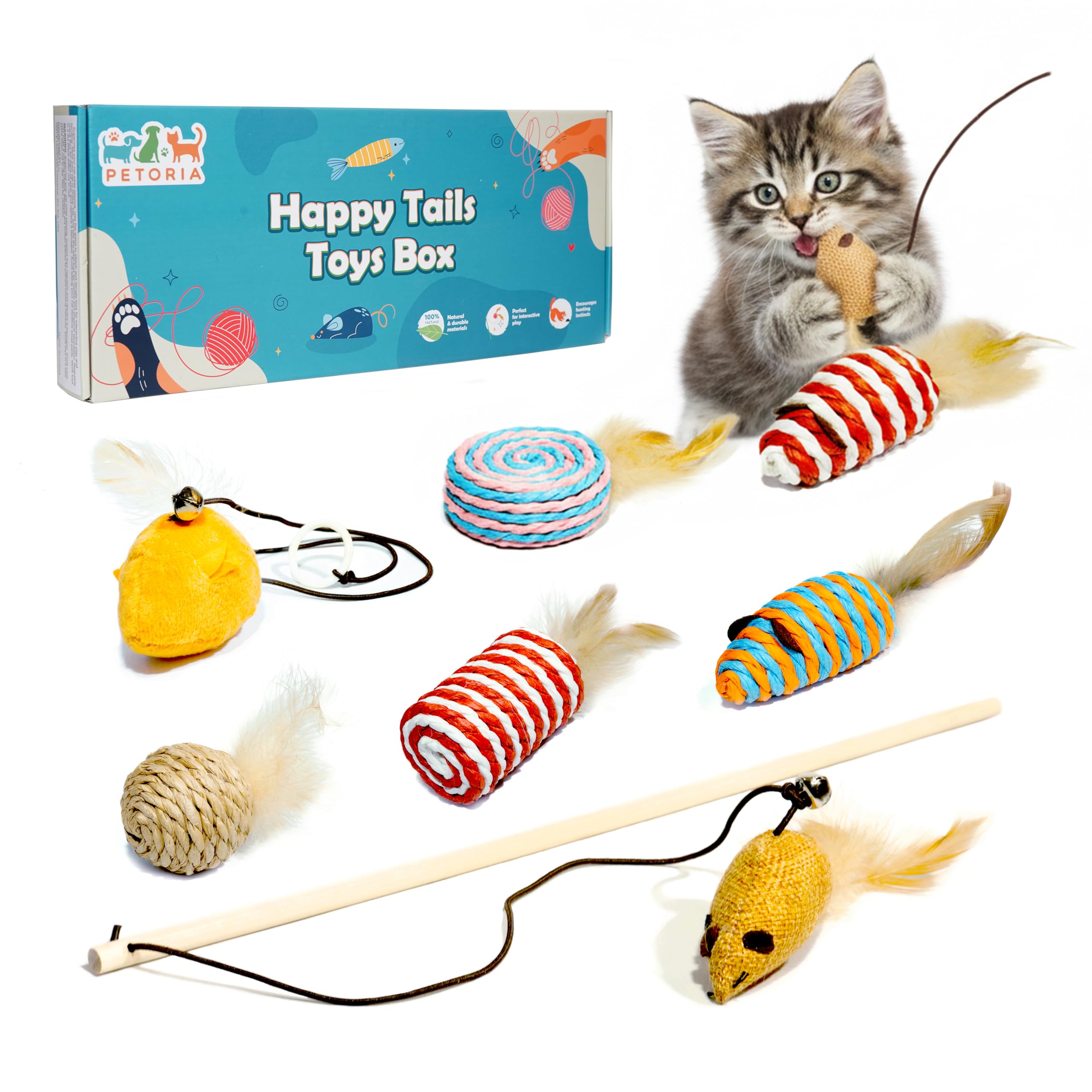 PETORIA Natural Cat Toys Set, Eco-Friendly Interactive Toys with Feather Mice, Fiber Balls, Wand & Teething Toys | Gift for Cats & Kittens