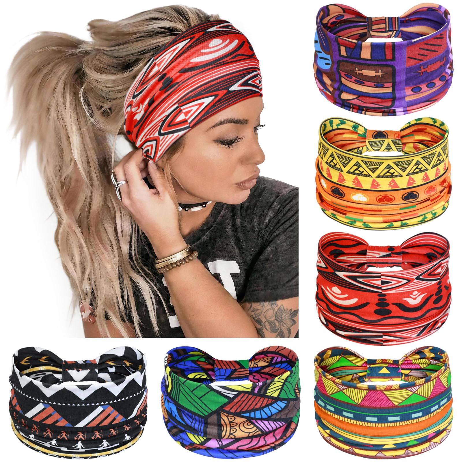 Fasce Larghe Donna Boho Cotone Elastiche Turbante Sport Yoga Fasce Per Capelli Larghe Donna, Set Di 4 Pezzi, Cotone Elasticizzato - Accessorio Boho Per Yoga, Sport E Stile Quotidiano Fascia Larga Boho