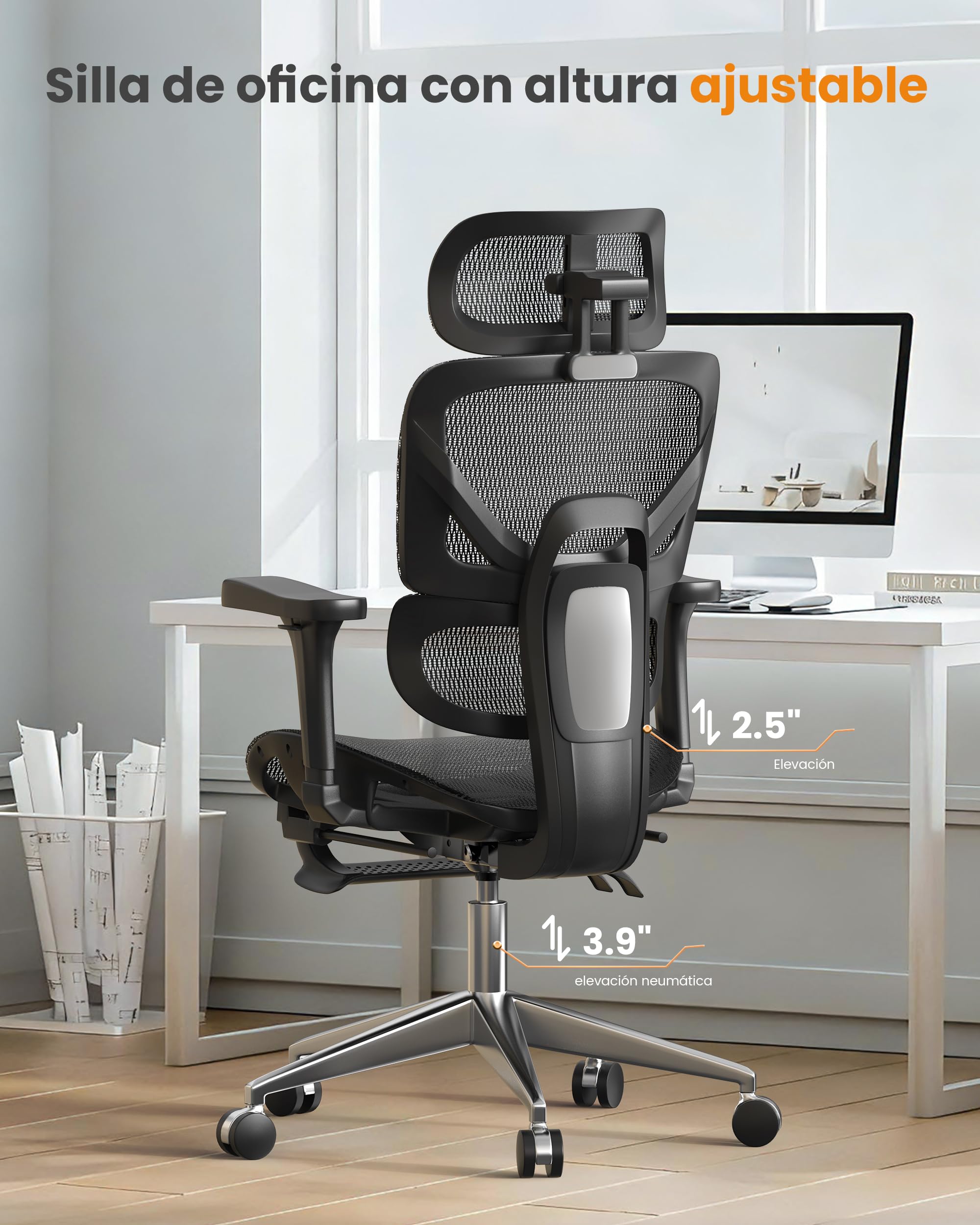 naspaluro Silla Ergonomica Escritorio con Reposapies, Load 160 kg, Negro | Malla transpirable, high back silla oficina, reposabrazos 3D, reposacabezas 3D, respaldo ajustable, inclinación 135 grados