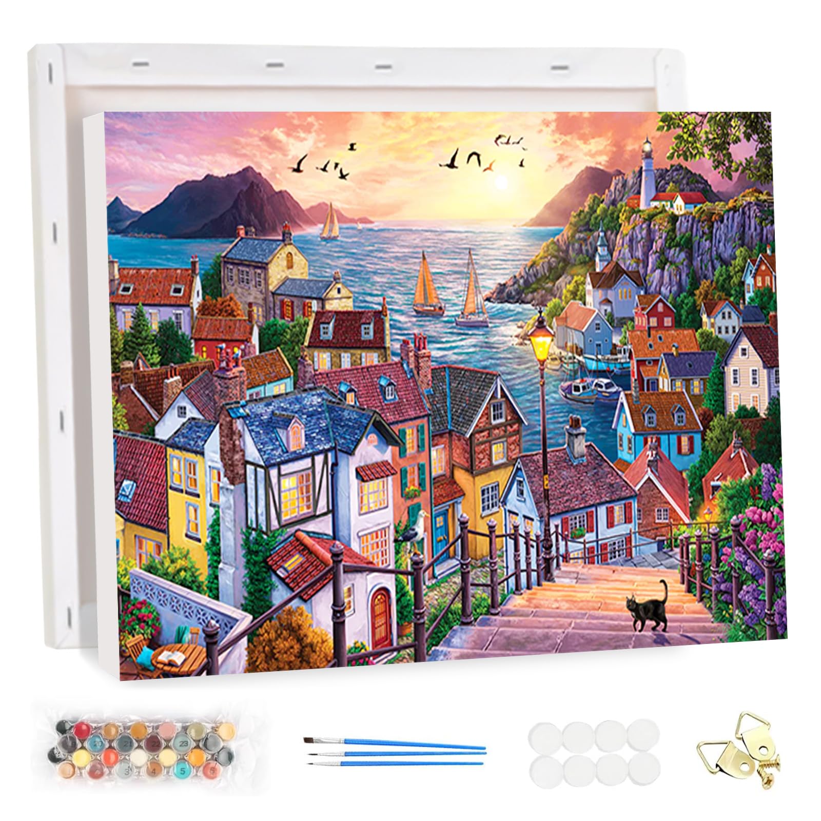 HEIBAGO Paint by Numbers for Adults Seaside City, DIY Paint by Numbers Framed for Beginner, Landscape Oil Painting Arts and Crafts Kit Acrylic Pigment Drawing Paintwork for Home Wall Decor 20x30cm