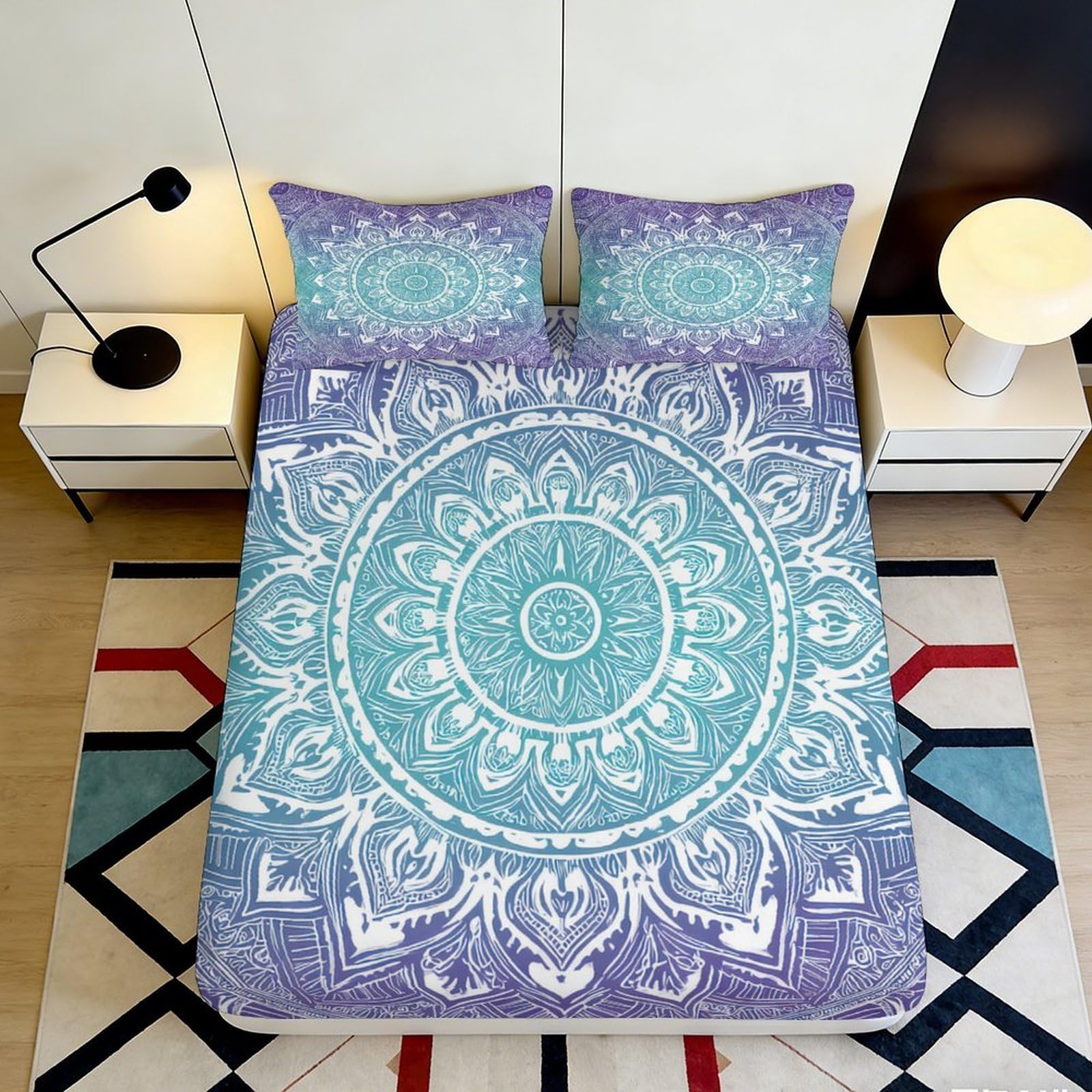 3D Printed Mandala Pattern Fitted Sheet Microfiber Soft Anti-Slip Bohemian Lotus Mattress Cover Bedroom Decor 160x200x25cm