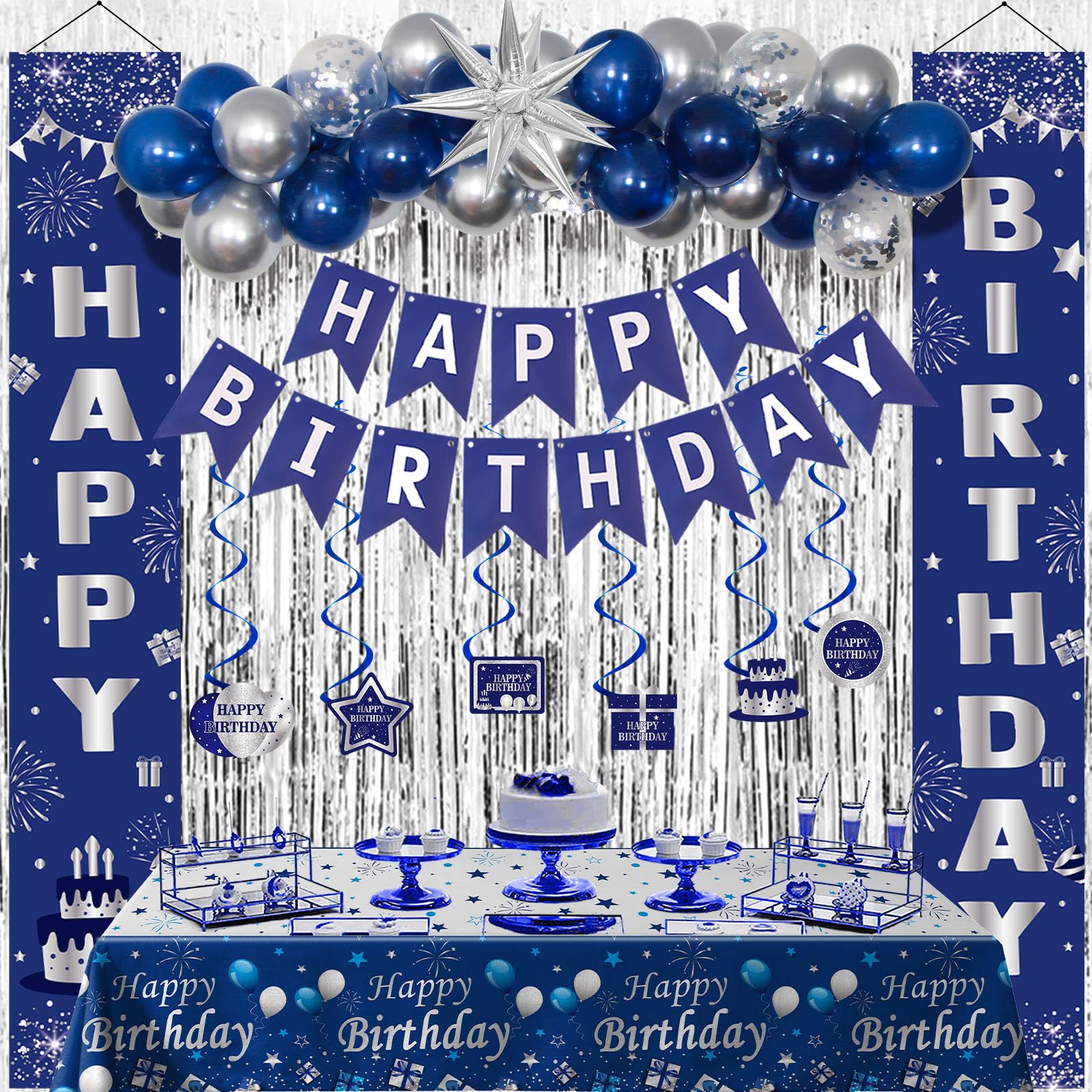 Iysoll Blue Birthday Decorations - Navy & Light Blue Banner, Balloons, Pom Poms & Foil Curtain For Boys, Men & Baby