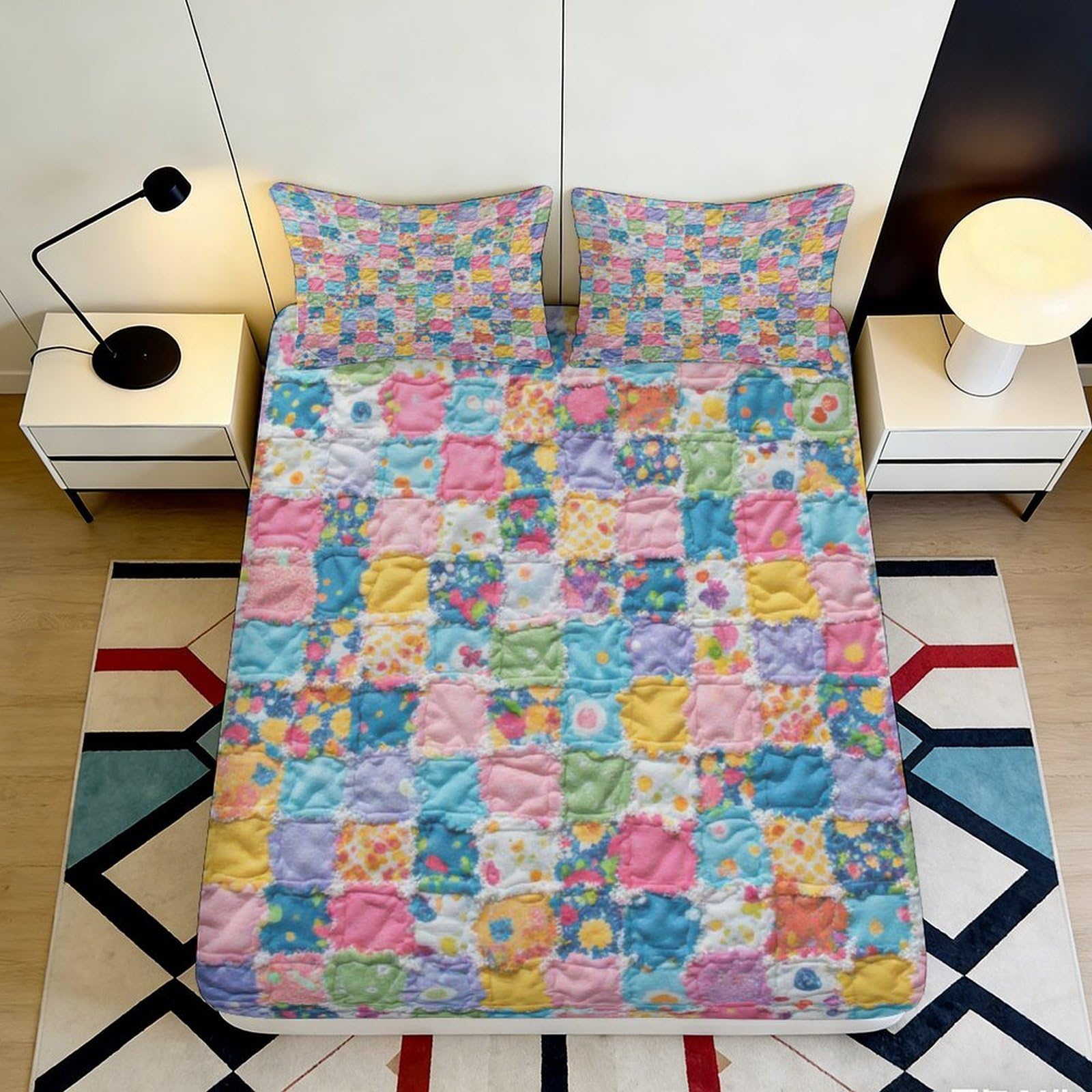3D Printed Colourful Patchwork Fitted Sheet Microfiber Soft Bedroom Decor Floral Mosaic Mattress Cover for Home Guest Room 90x200x25cm