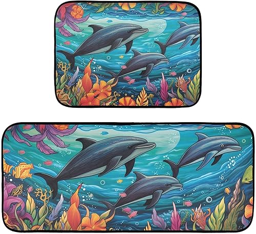 Dolphins Coral Kitchen Mat 2 Pcs Set, Low Pile Kitchen Rugs Cushioned Water Absorbent Washable Floor Mats for Kitchen Sink Laundry Room