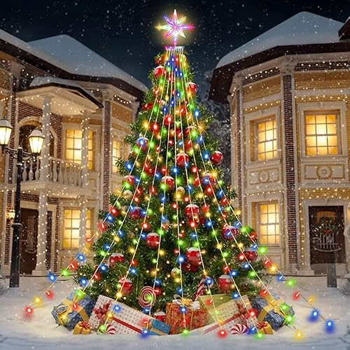 Miniatura 7 de Guirnalda de luces de estrella para decoración de Navidad, 320 luces LED para árbol de cascada al aire libre con estrella superior de 13 pulgadas,