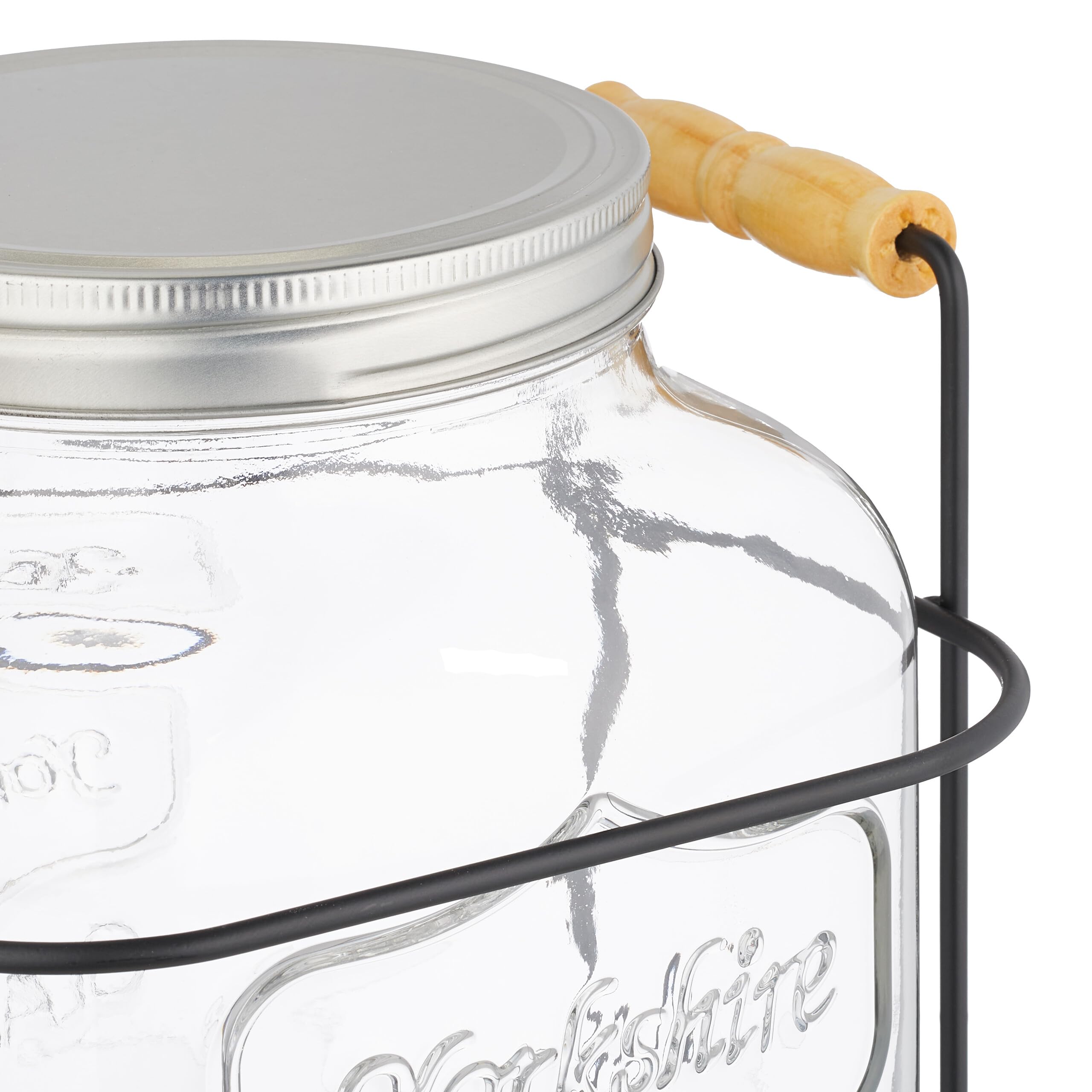 Relaxdays Dispensador Bebidas con Soporte, Recipiente Limonada 8 L, Grifo de Hierro y Tapa, Cristal, Transparente/Negro