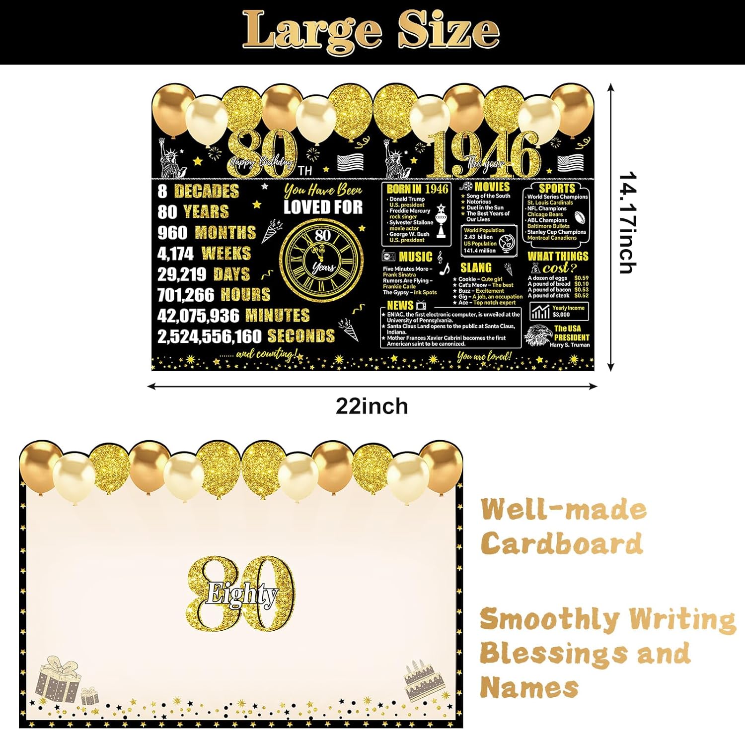 Large 80th Birthday Cards With Envelope for Men Women, Black Gold Vintage 1946 80th Birthday Signature Guestbook Gifts Party Supplies, Cheers to 80 Years Giant Birthday Greeting Card - Image 2