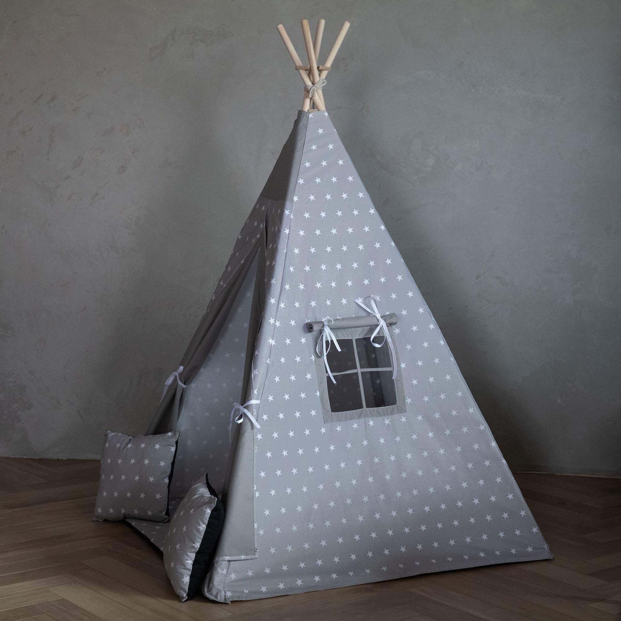 PaLulli® Tipi Zelt für Kinder aus 100% Baumwolle mit Kuschelmatte, Anti-Kollaps-System [Stabil], Camping-Hängelampe & 2 Dekokissen, Tippi Kinderzelt Teepee Spielzelt (Grau Sterne)