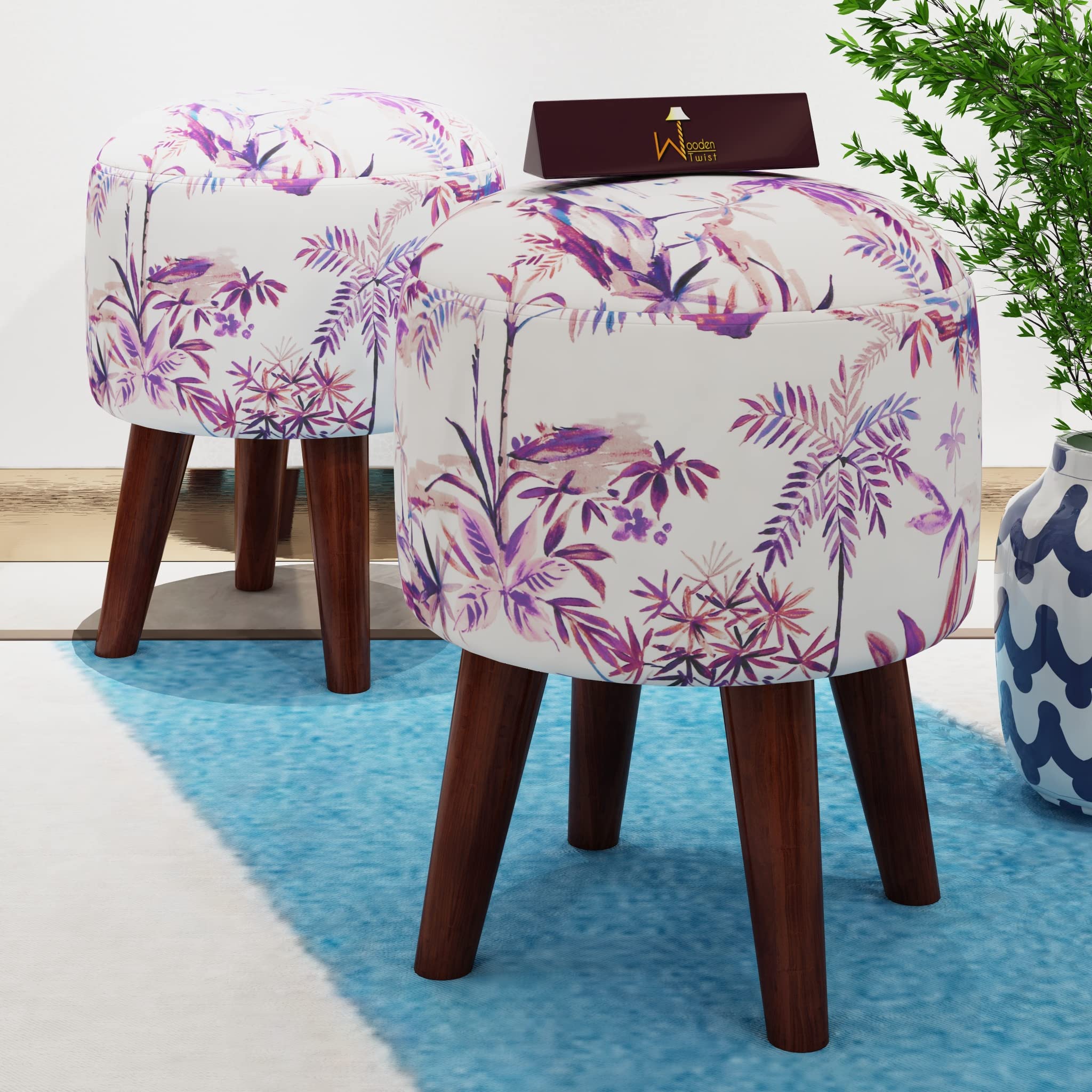 Wooden Twist Ottoman Stool For Living Room Set Of 2 | Pouffes For Sitting Printed Ottoman | Foot Rest Ottoman Stools With 4 Wooden Legs, Purple (B0BK4TZ5VS) Amazon Price History, Amazon Price Tracker