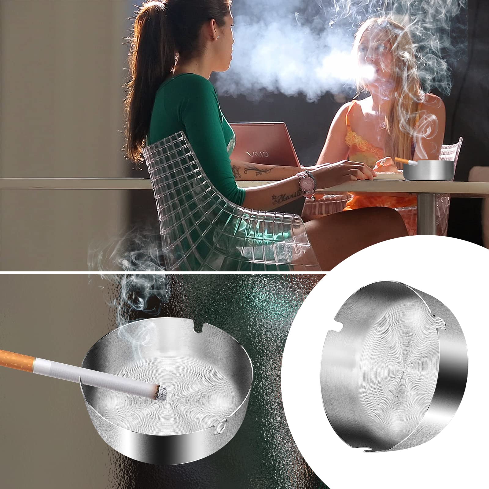 Posacenere In Acciaio Inox Da Esterno - Set 5 Pezzi, Antivento, Per Tavolo, 10 Cm (Argento) - Foto 2