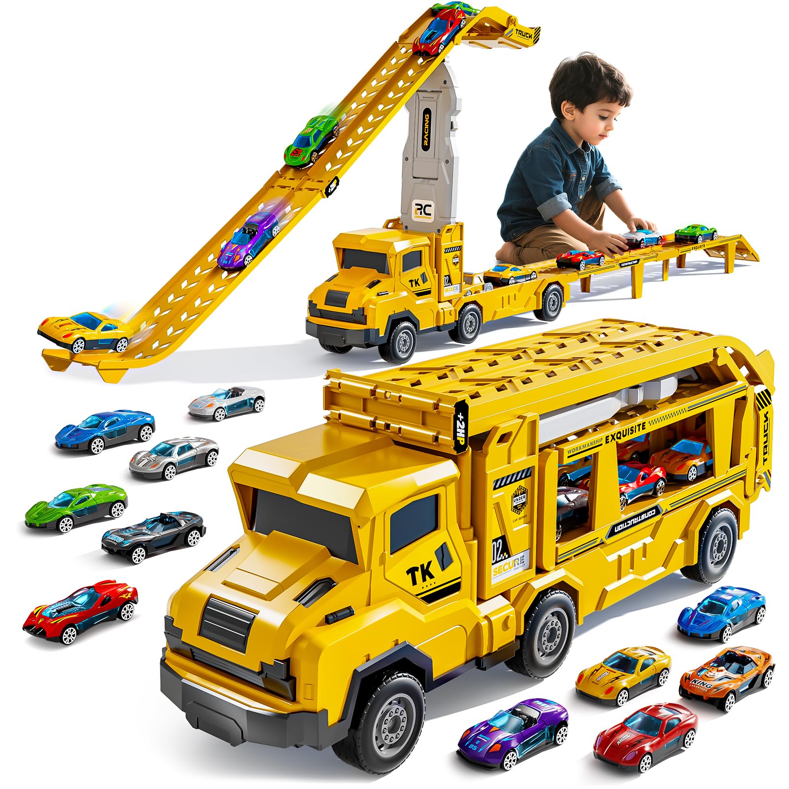 Truck Toys for Kids, Double Race Car Track Transport Vehicle with 12 Die-Cast Car Toys, Cars Ramp Toy for Toddler 3-5, Christmas Birthday Gift for 3 4 5 6 7 8 Years Old Boys Girls
