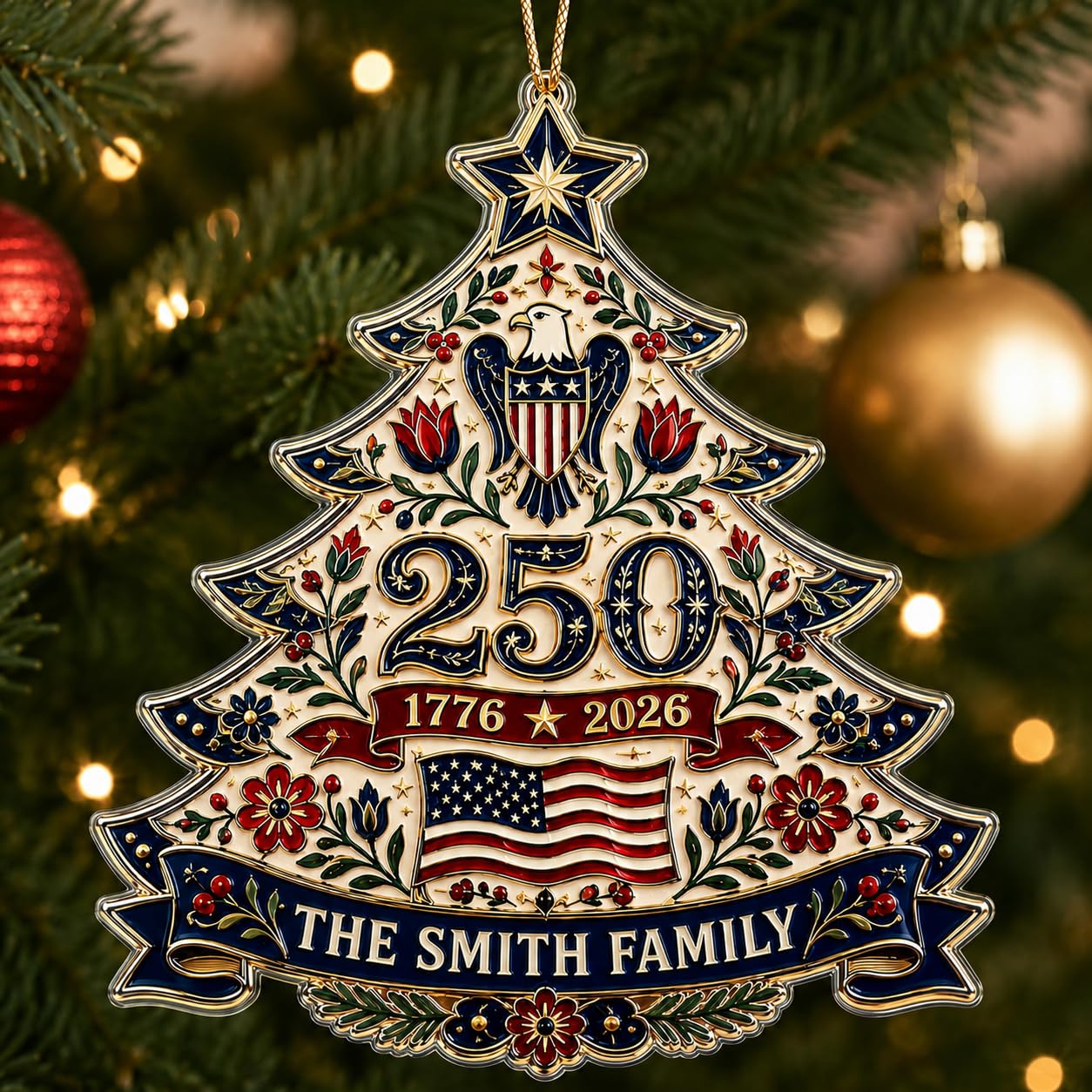 [Made in USA] Personalized 250th Anniversary USA Flat Acrylic Christmas Ornament, Custom Family Name Patriotic Folk Art Tree Ornament
