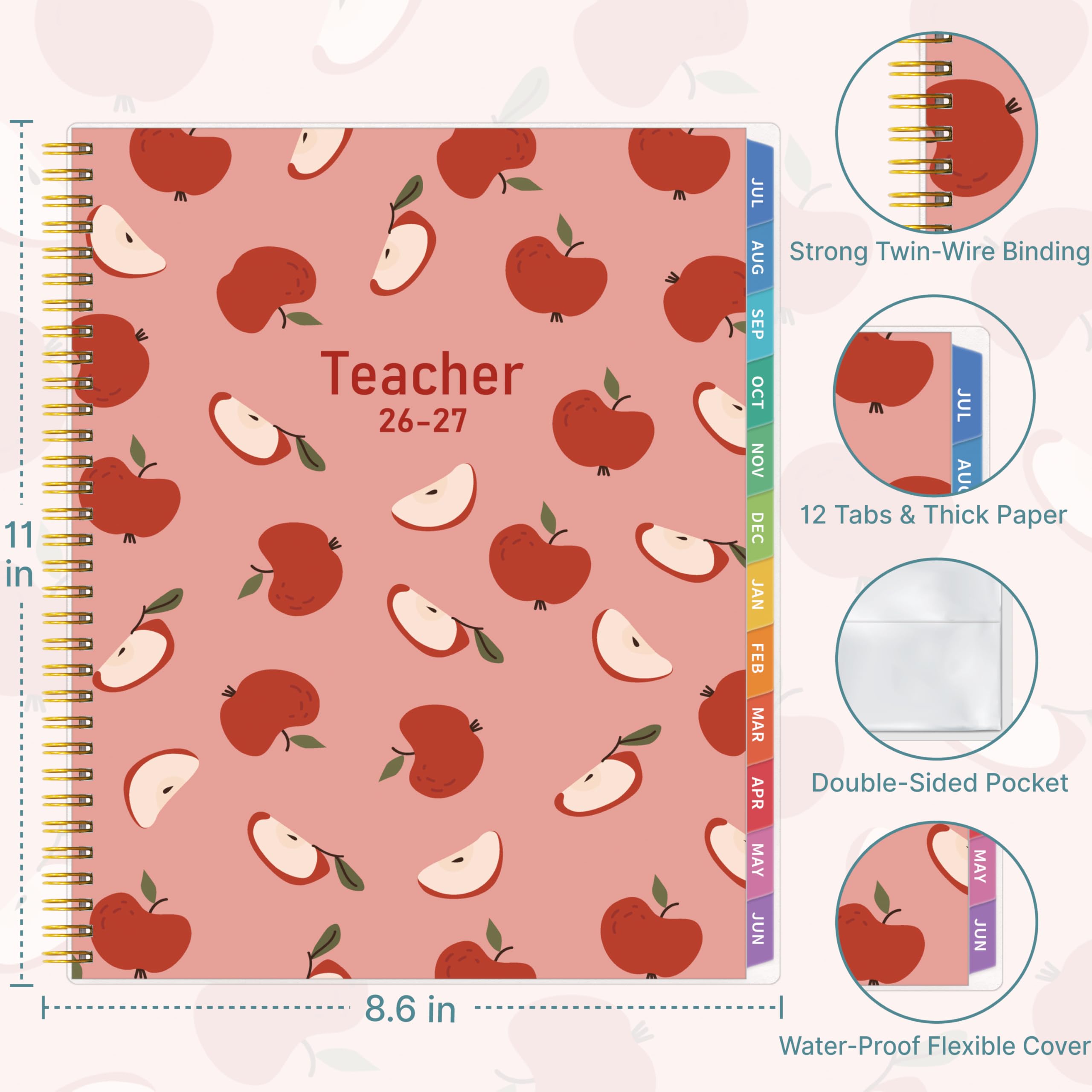 Lehrerplaner 2026–2027, Lehrerplaner für das akademische Jahr, Juli 2026–Juni 2027, Unterrichtsplaner 2026–2027, Homeschool Planbuch, 21,6 x 27,9 cm mit Registerkarten und Tasche, flexibler Einband
