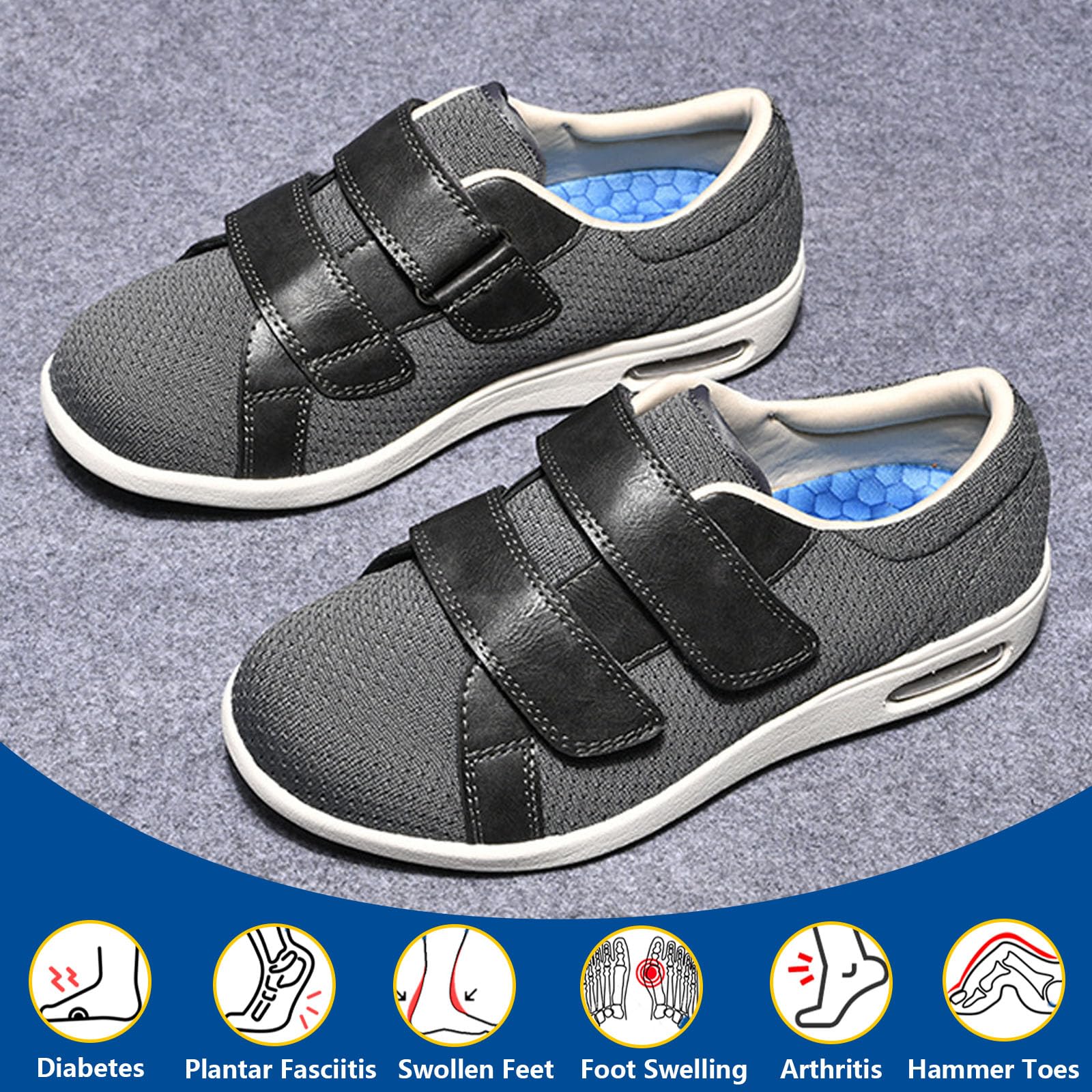 Damskie buty do chodzenia z podparciem łuku stopy, regulowane zapięcie, lekkie, oddychające tenisówki, łatwe do zakładania i zdejmowania (Dark Gray us Men 9)