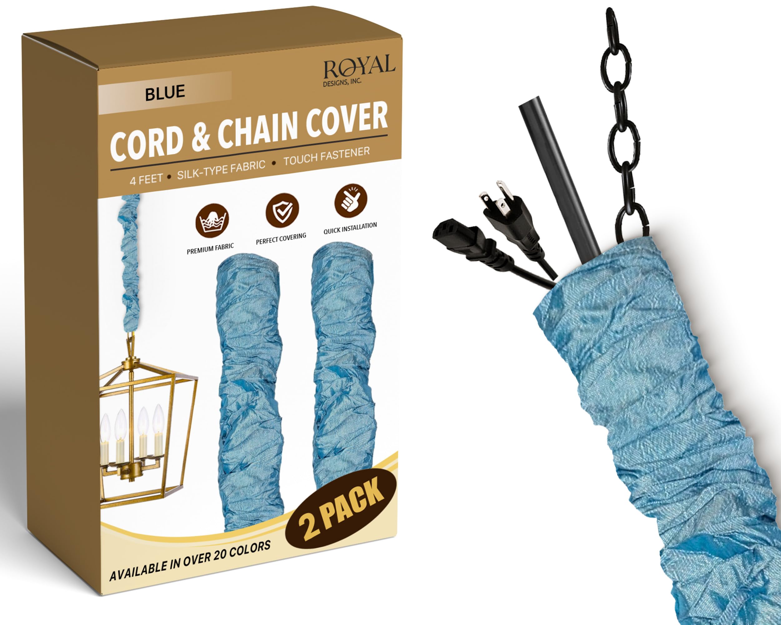 Royal Designs, Inc. Cord &amp; Chain Cover 4 ft Silk Type Fabric, Chandelier Pendant Lighting Chain &amp; Cable Management, Touch Fastener, Blue - 2 Pack