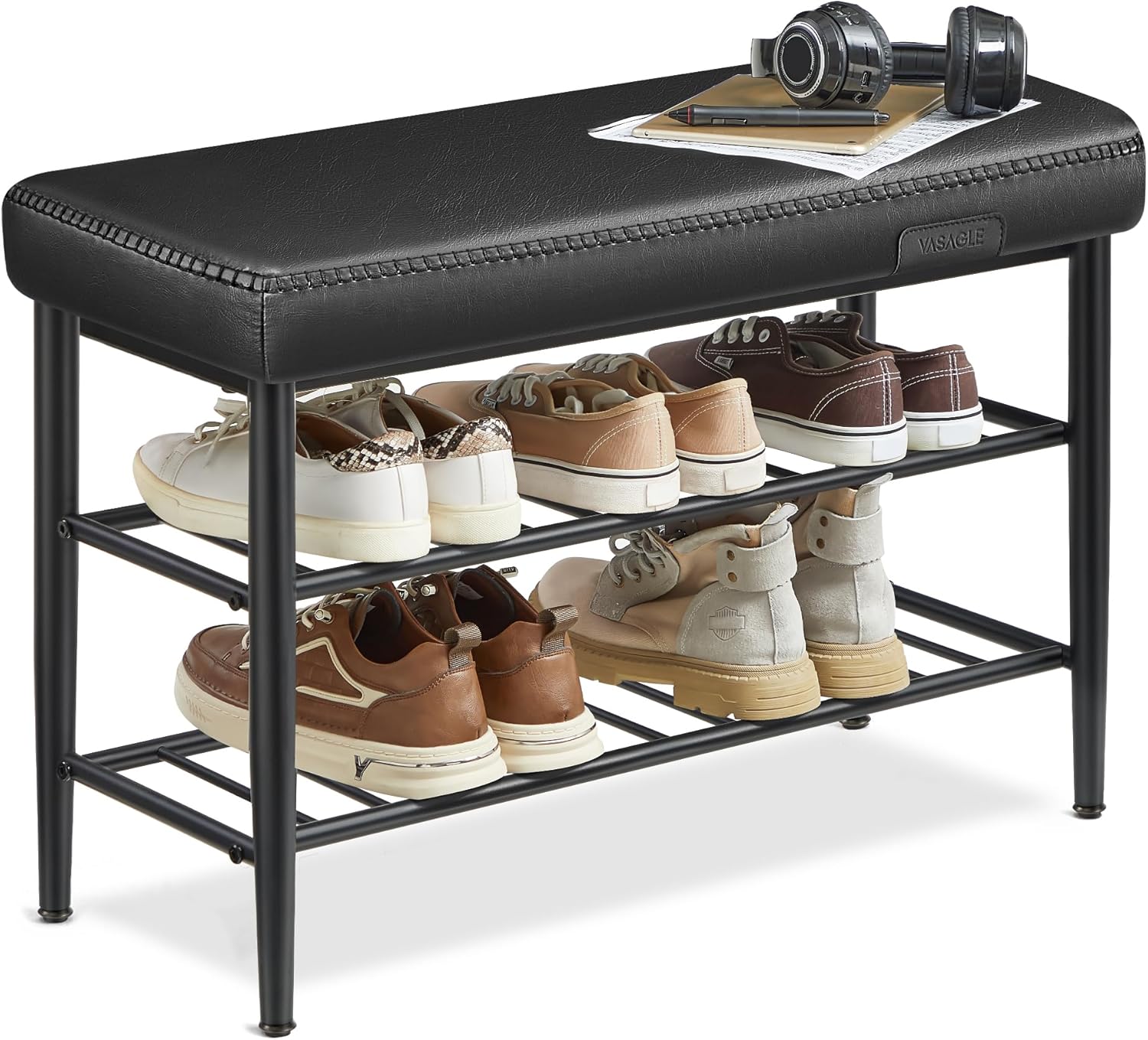 VASAGLE EKHO Collection - Shoe Bench, Storage Bench, Shoe Rack Bench Entryway, Synthetic Leather with Stitching, Mid-Century Modern, Loads 135 kg, 30 x 80 x 50 cm, Ink Black ULSB054B01