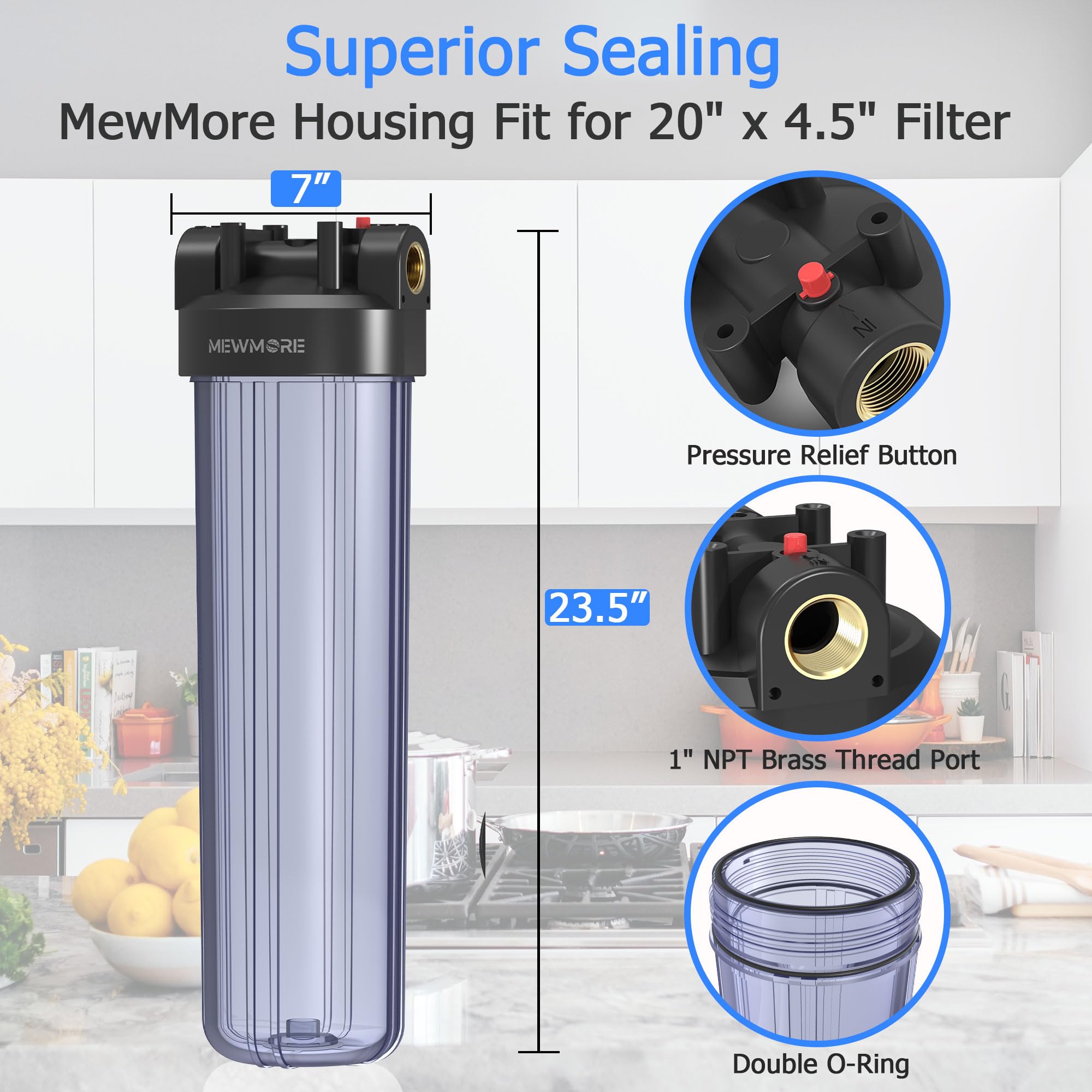 WHT20 - Carcasa de filtro de agua para toda la casa, compatible con filtros de sedimentos de 20 x 4.5 pulgadas para pozo y ciudad de agua, sistema de prefiltración para el hogar, puerto NPT de