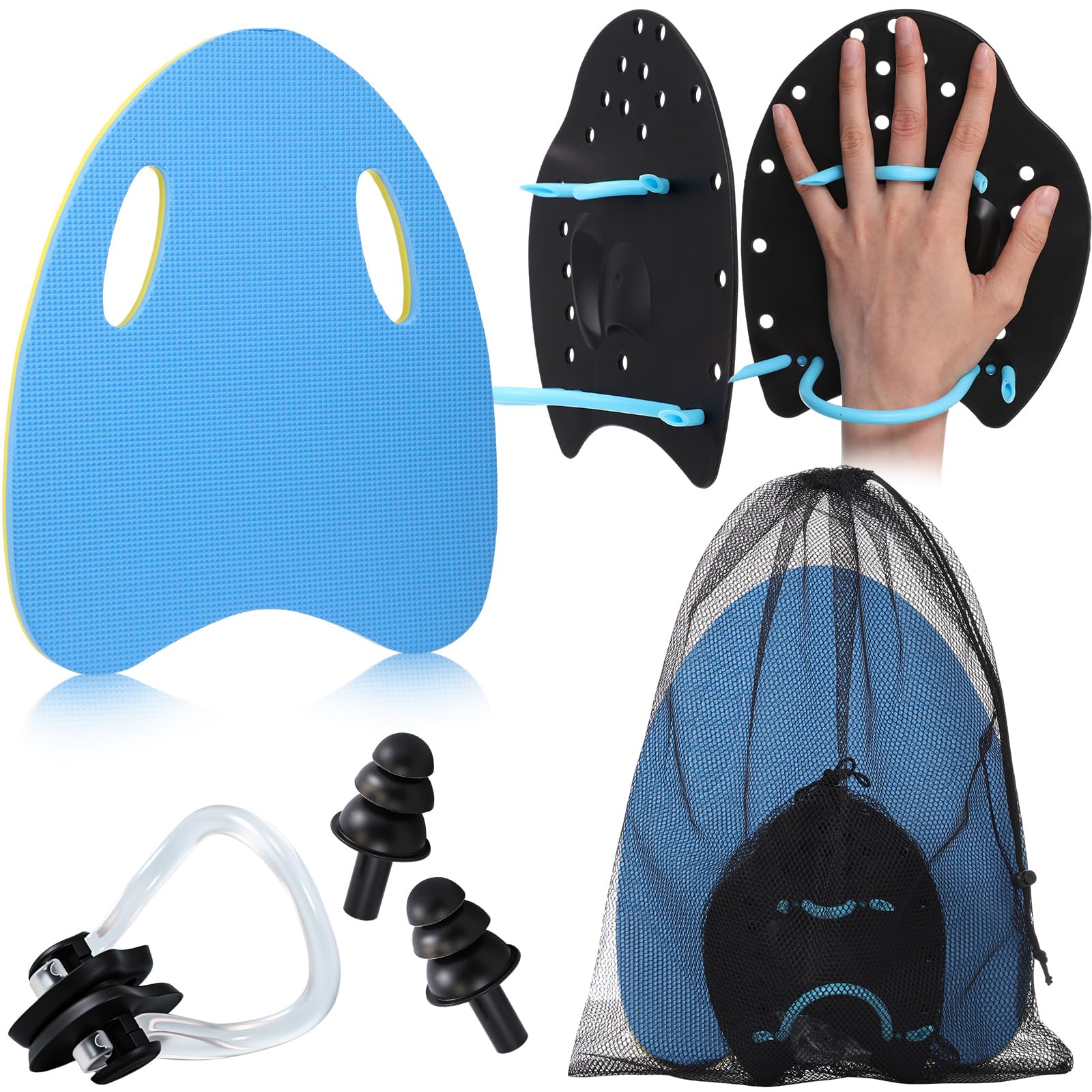 Schwimmbad-Trainingsset, A-Form Kickboard, verstellbare Schwimmpaddel, Nasenklammer & Ohrstöpsel mit Netz-Tragetasche, komplettes Trainingsset für Schlagverbesserung, Rundenschwimmen, Fitness