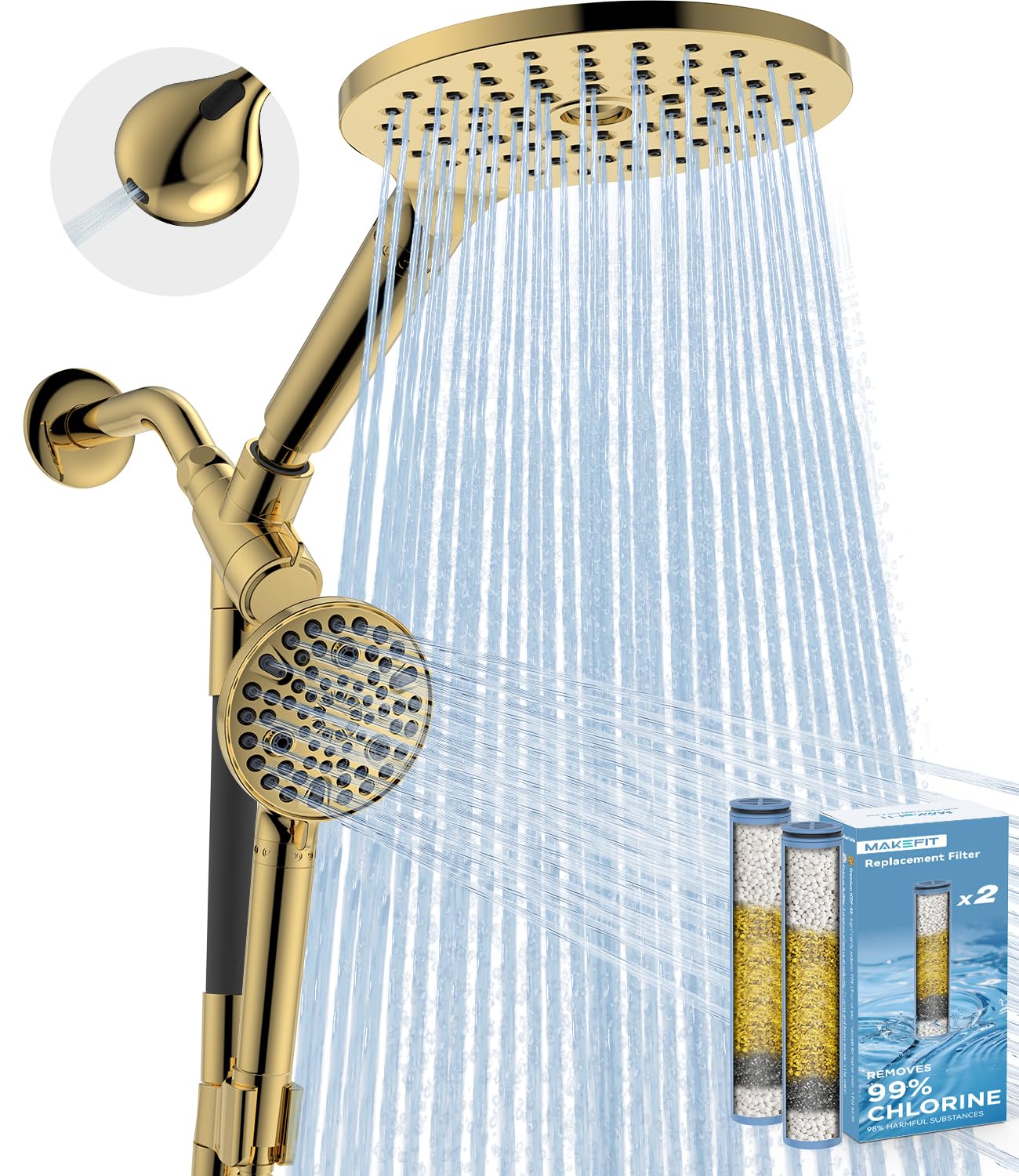 MakeFit Dual Filtered Rain Shower Head Combo, High Pressure Handheld Shower Head with Adjustable Bar - Rainfall Shower Head And Showerhead with Filter for Hard Water - Removes Chlorine(Gold)