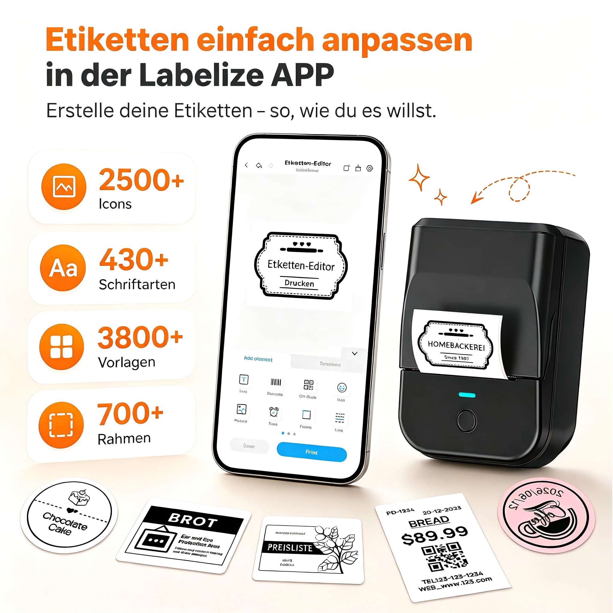 PM240 Bluetooth Etikettendrucker,Label Printer mit 3 Rollen,Schwarz