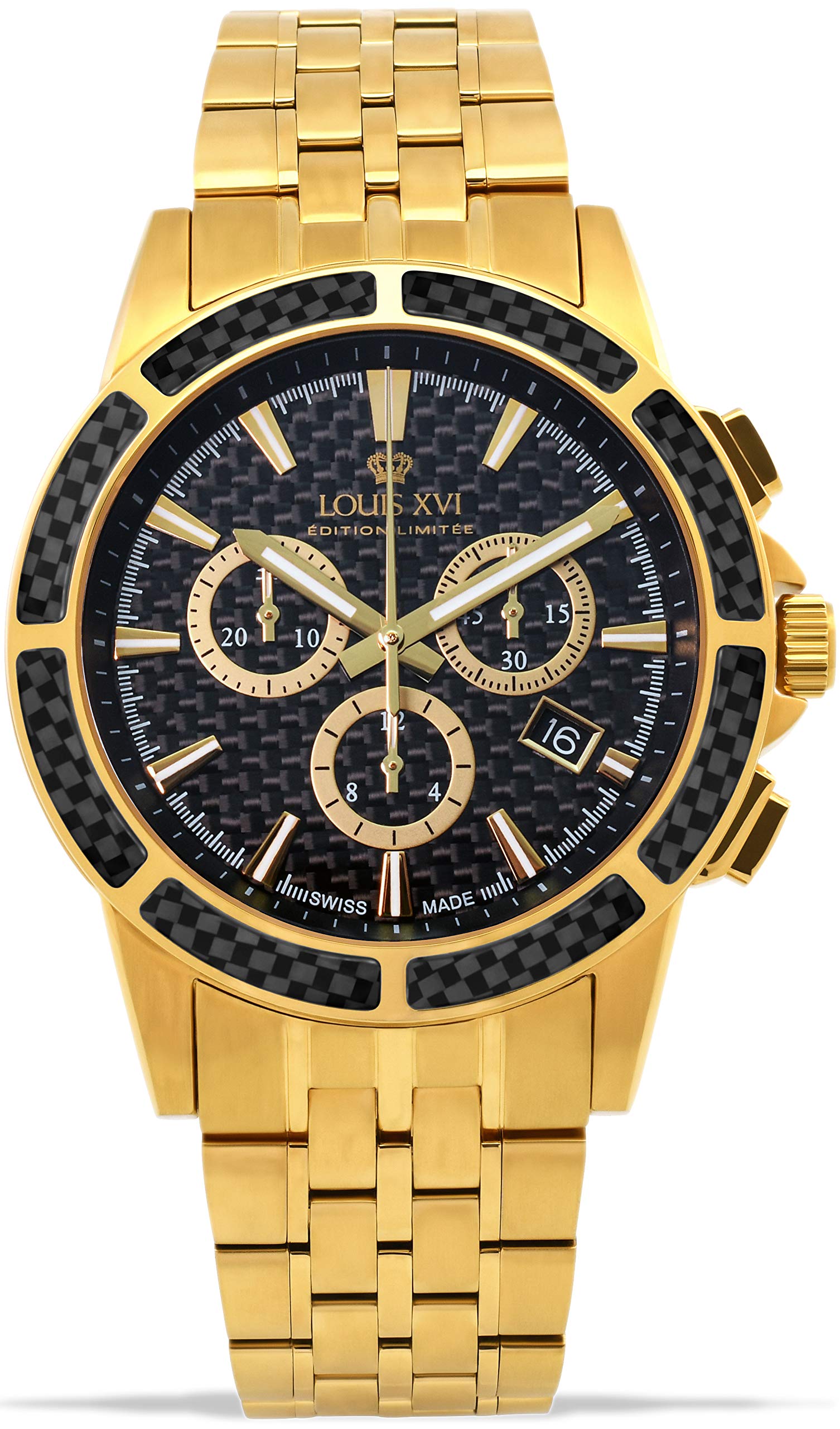 LOUIS XVIMajesté Men's Watch Steel Strap Gold Black Carbon Chronograph Analogue Quartz Stainless Steel 1102, Bracelet