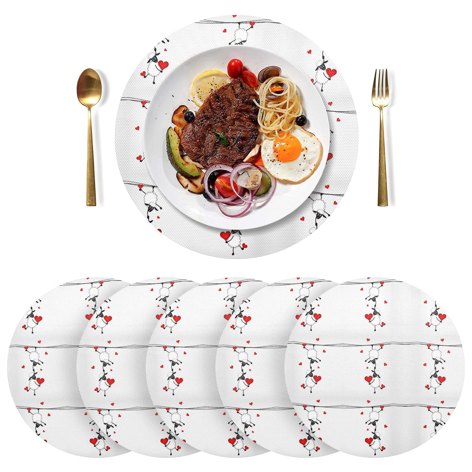 Two Sheep Little Lambs Hanging on Washing Line with Red Hearts Set of 6 Table Mat, Washable Placemat Plate, Non-Slip Place Mats Protector, Round Desk Mat Pad for Kitchen Dining 15.4 Inches