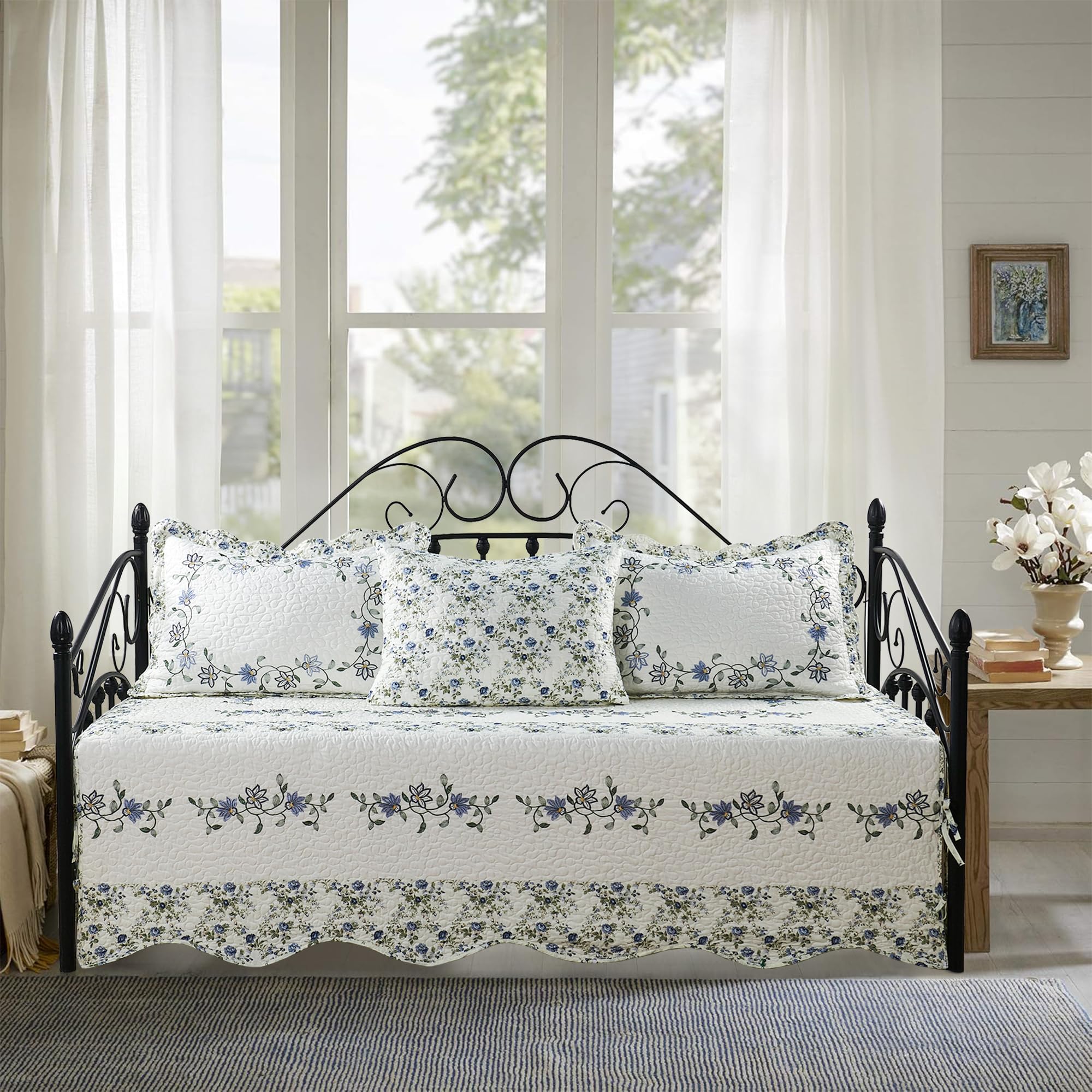4-Piece Quilted Microfiber Daybed Cover Set with Floral Embroidery, All Season Luxurious Bedding with Matching Shams, 75"x39", Blue Small Floral