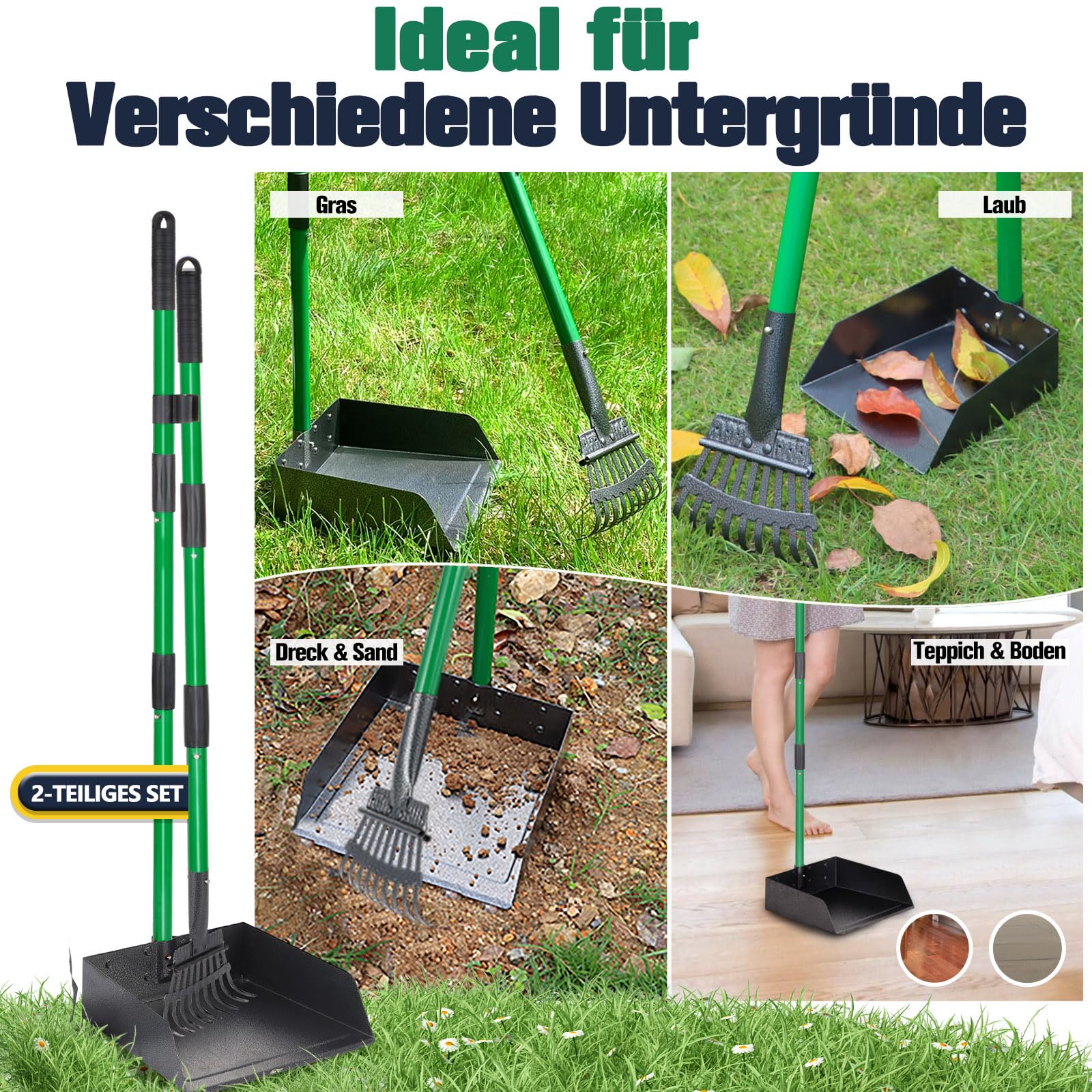 Hundekotschaufel Kehrschaufel & Rechen Mit Abfallsäcken, Hundekotsammler Langer Griff, Hundekot Scooper Für Garten & Laub