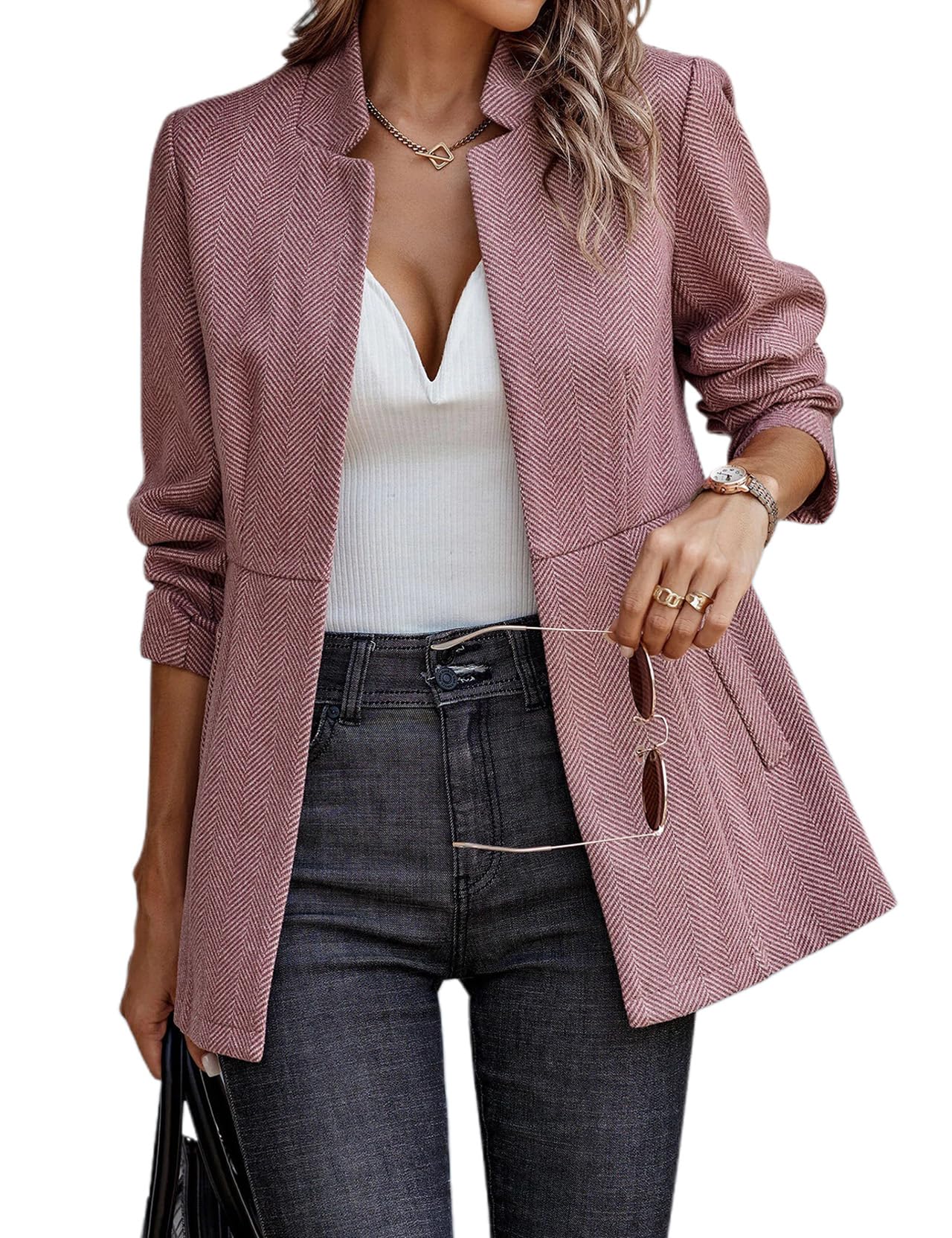 Giacca da Ufficio a Maniche Lunghe da Donna Casual Blazer da Donna con Tasche Elegante Cappotto con Colletto Ritagliato