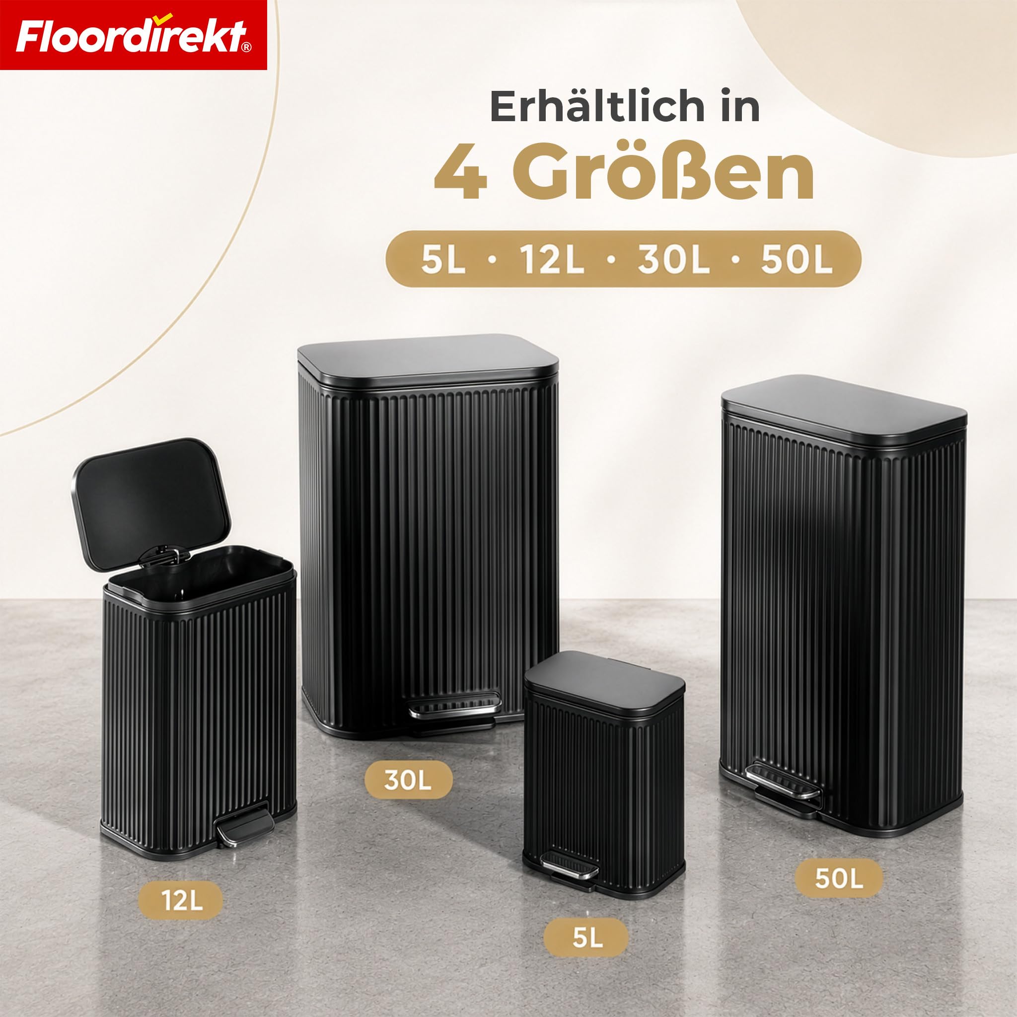 Floordirekt Mülleimer Küche, Liter, Abfalleimer, Treteimer, mit Deckel, Softclose, Fußpedal, Stahl, Inneneimer | Miles | Schwarz | 50 L