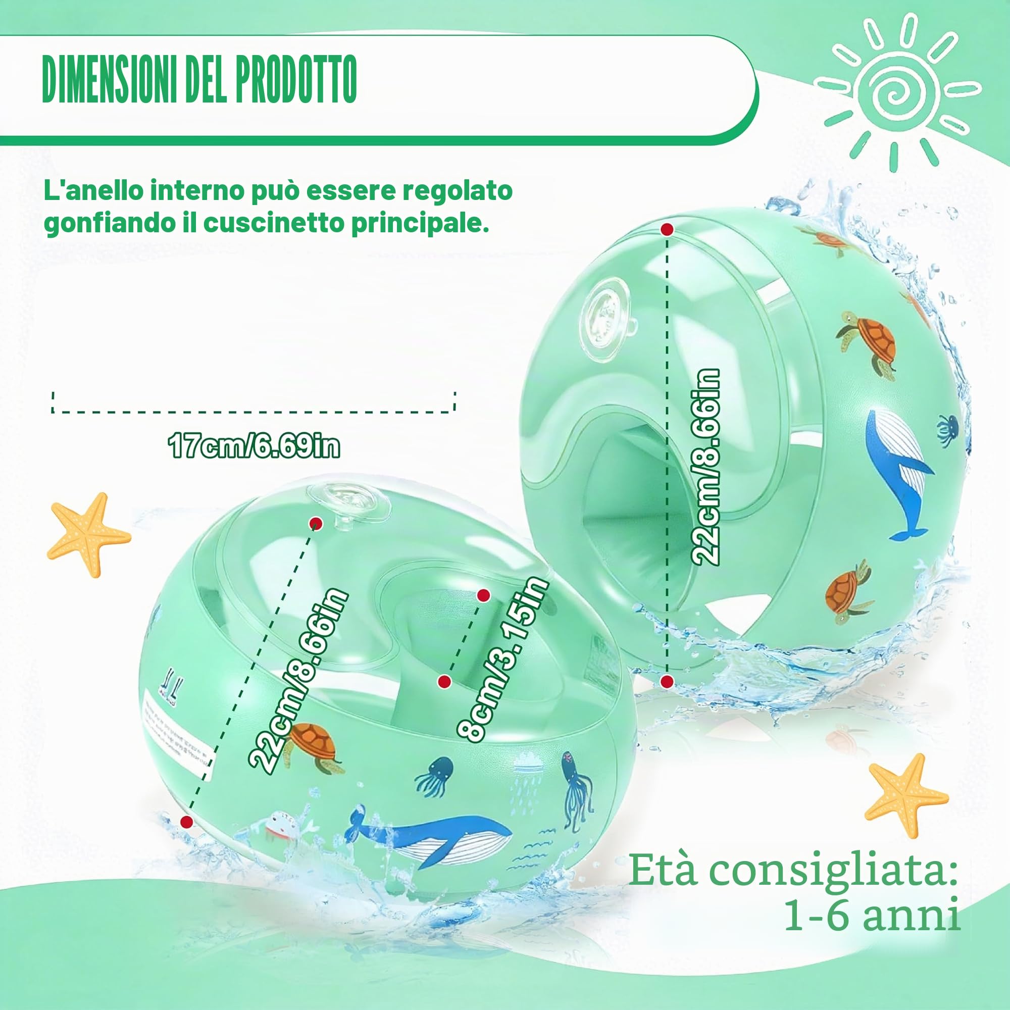 Braccioli Gonfiabili Bambini 1–6 Anni – Sicuri e Confortevoli – 3 Camere d’Aria Indipendenti – Braccioli Rotondi Bambino e Bambina per Piscina e Mare