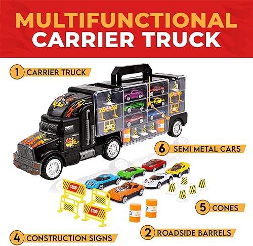 Miniatura 6 de WolVol Auto de transporte camión transportador de juguete para niños Incluye 6 autos y 28 ranuras