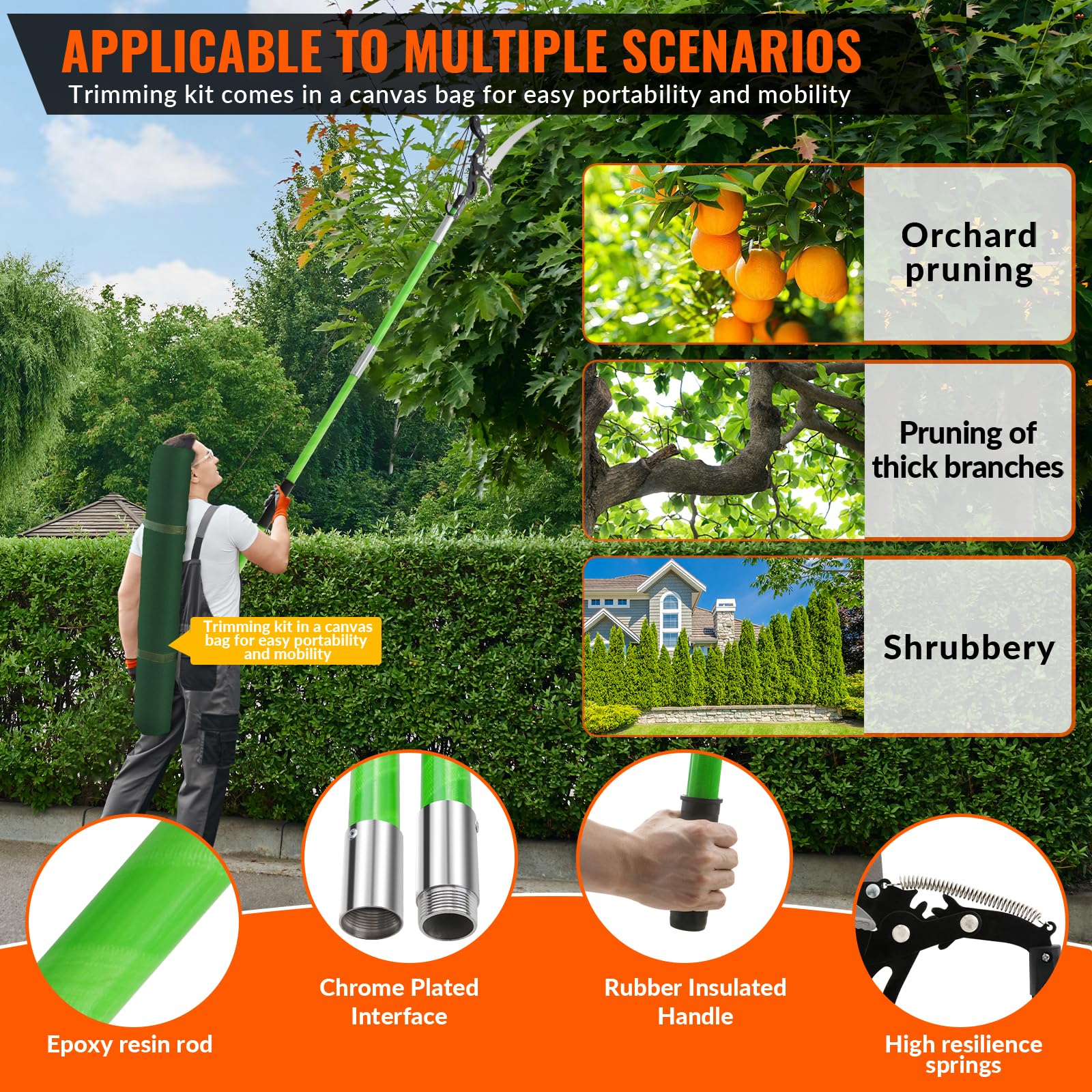 Sierra de podar con mango telescópico, 9 m, sierra de mano, mecanismo de polea, kit de herramientas de jardinería con bolsa de transporte para palmeras, árboles altos (incluye tijeras de podar)