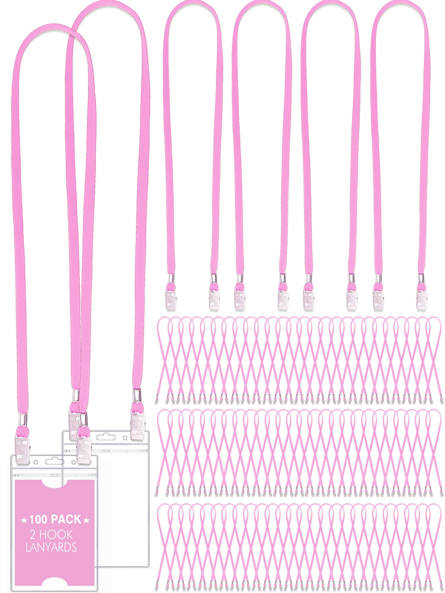 Patelai 100 Pack Double Clip Lanyards Bulk Face Mask Lanyards Twist Free 2 Hook Design Adjustable ID Badges Neck Straps for Conferences Office School Class Card Keychain (Pink)