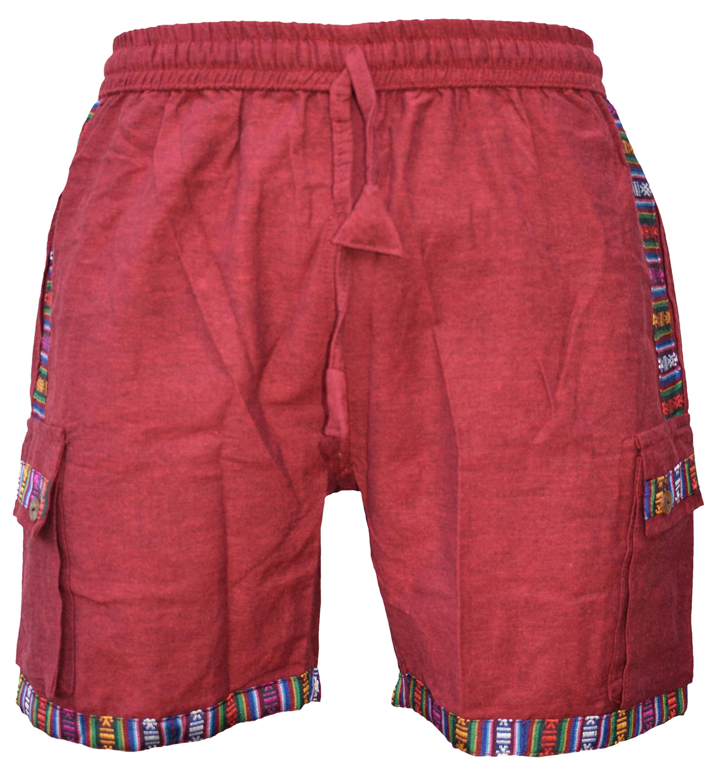 Gheri Mens Cotton Edge Nepalese Shorts Hippie Boho Maroon Large