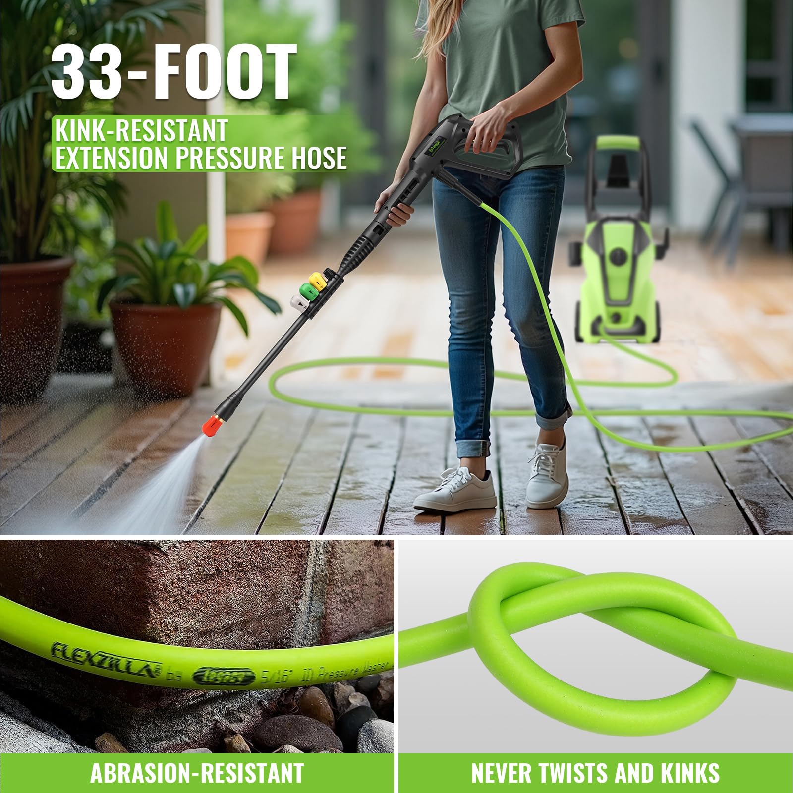 Lavadora eléctrica de alta presión 5000PSI Max 4.0GPM con manguera de extensión flexible 33FT, 4 boquillas, pistola de espuma, Power Washer alimentada para automóviles, terrazas, calzadas, verde