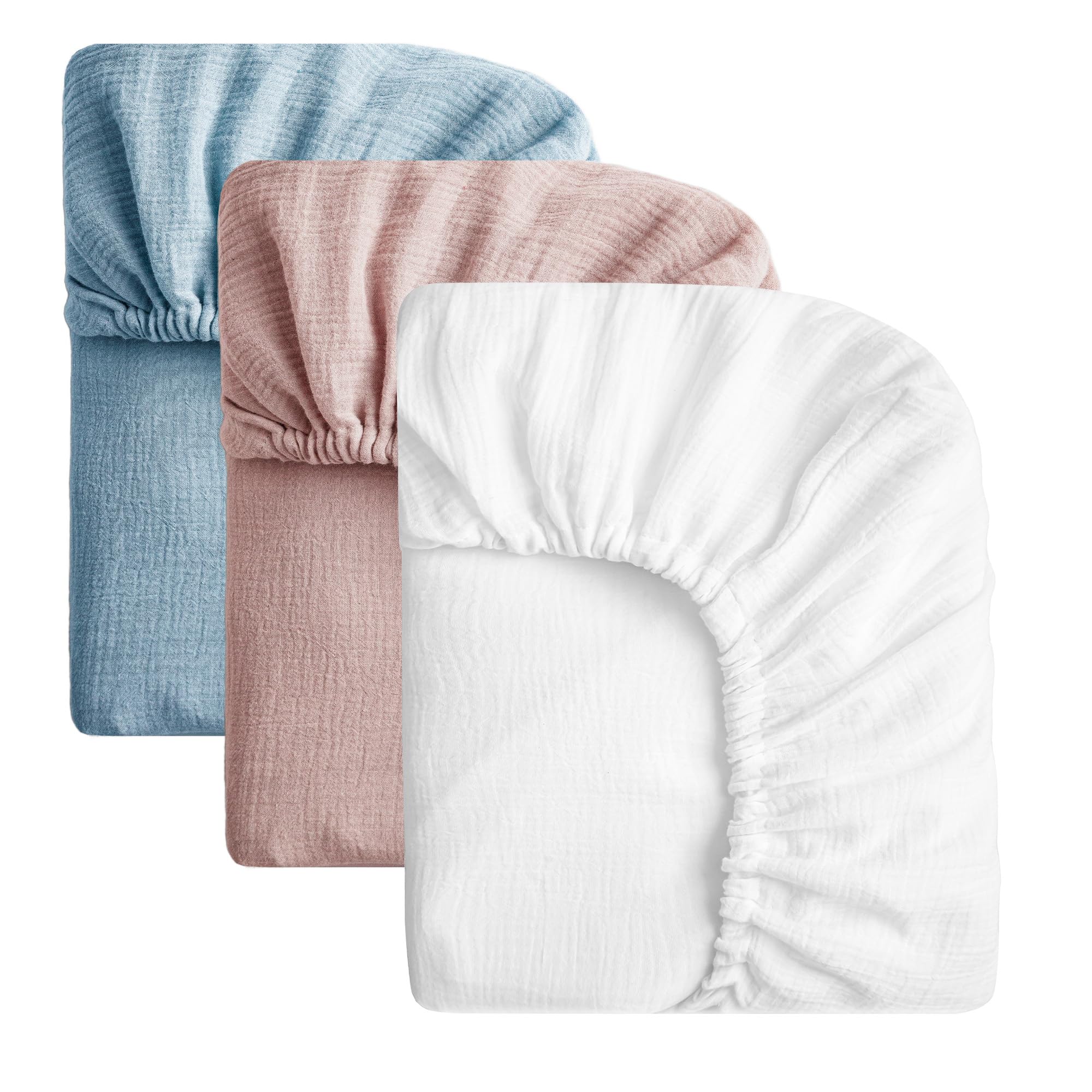 SOULFUL Muslin Crib Sheets for Boys Girls, 3 Pack Soft and Breathable Cotton Fitted Crib Sheets for Standard Crib Mattress (28"x 52", White &amp; Dusty Rose &amp; Blue)
